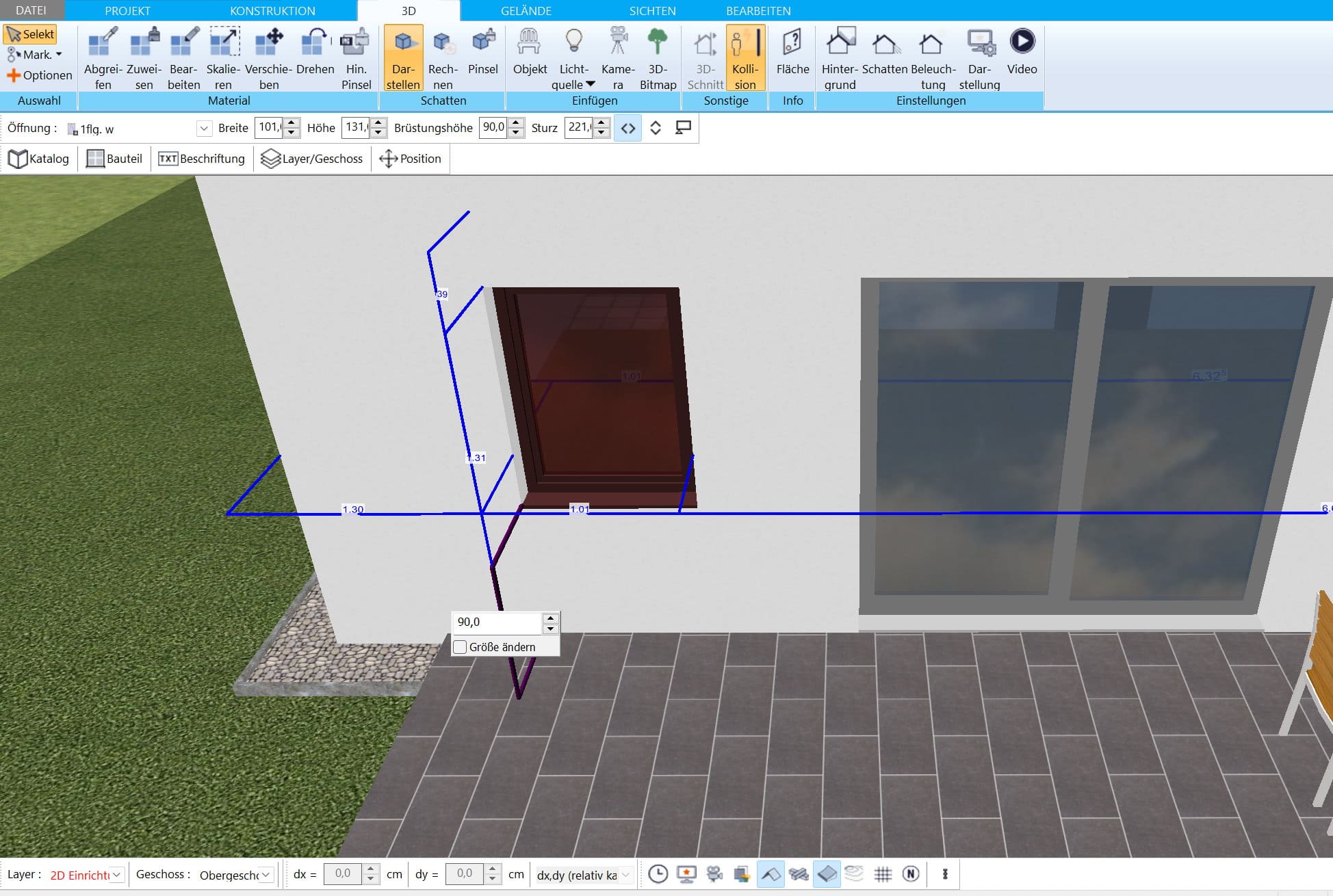 Brüstungshöhe kann im HausDesigner3D im 3D Modus verändert werden