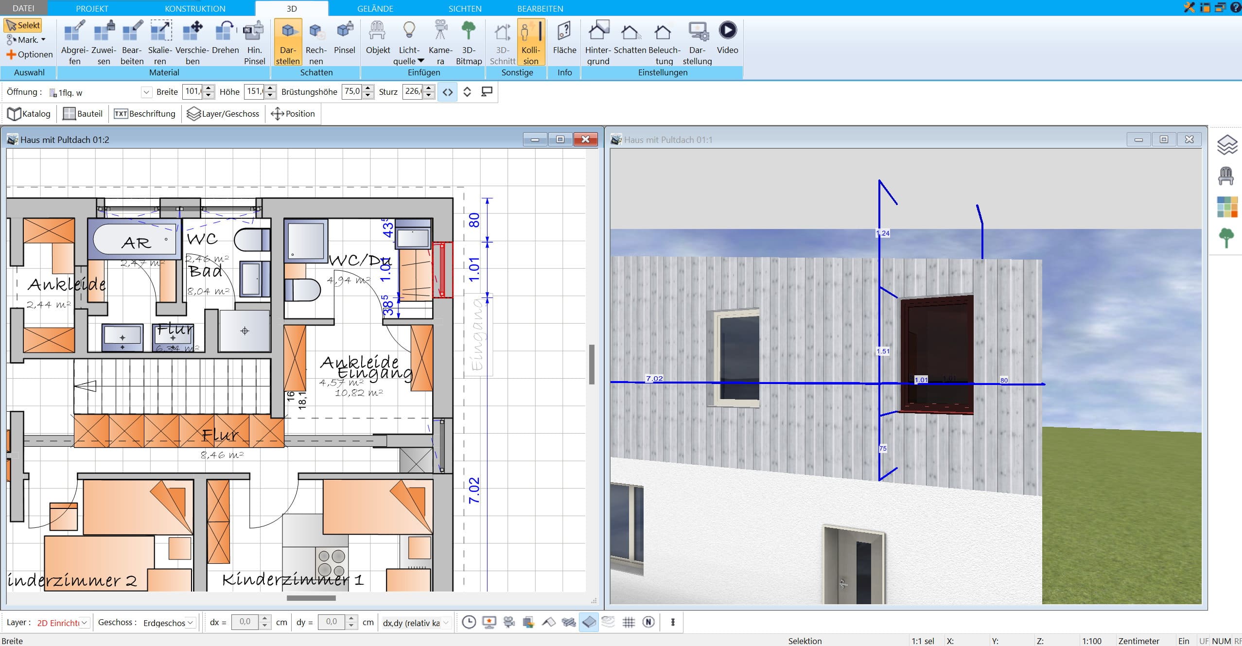Im HausDesigner3D kann man Fenster sowohl im 2D als auch im 3D Modus zeichnen