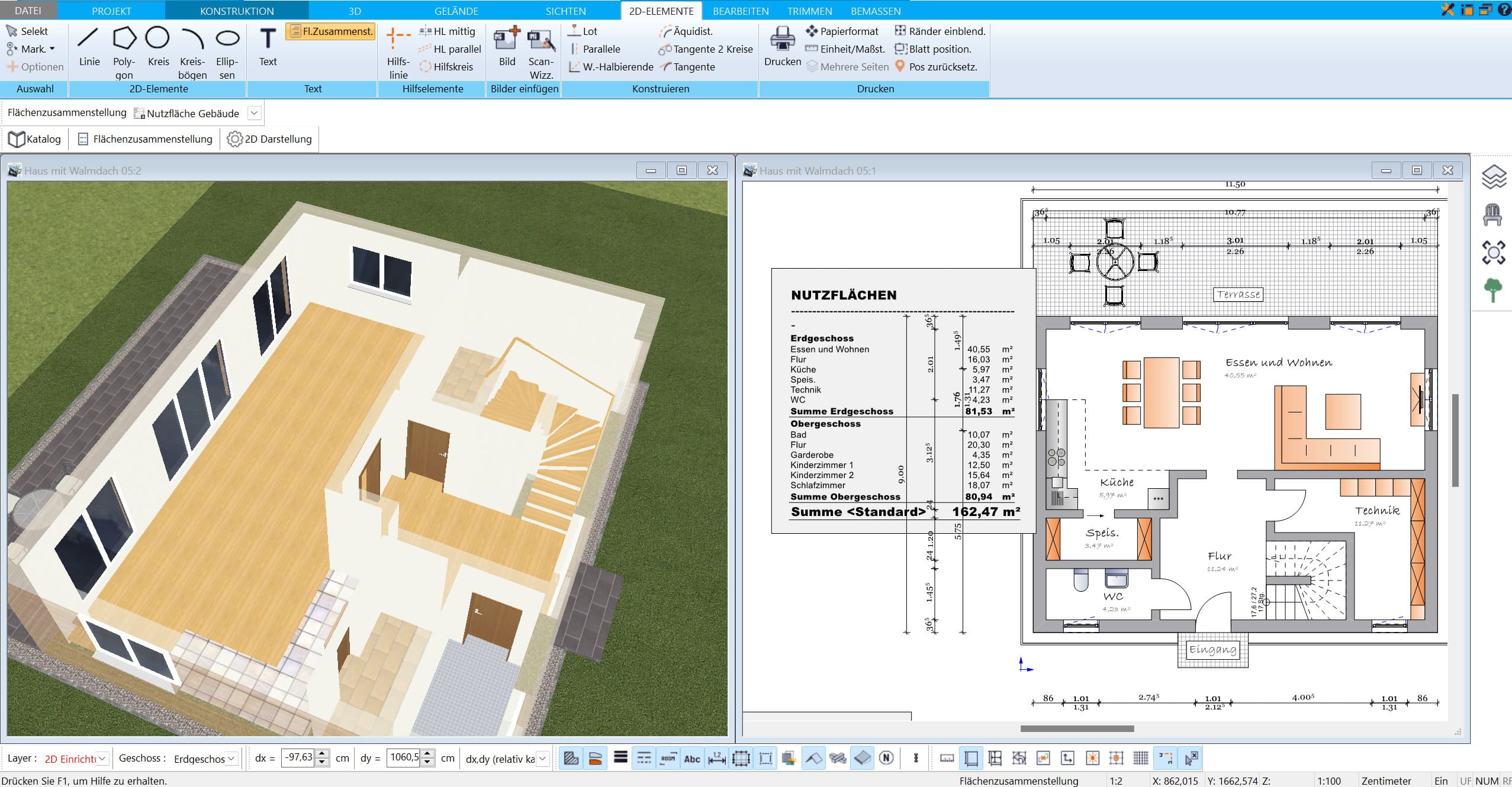 Mit dem HausDesigner3D lässt sich das Raumprogramm sehr einfach erstellen