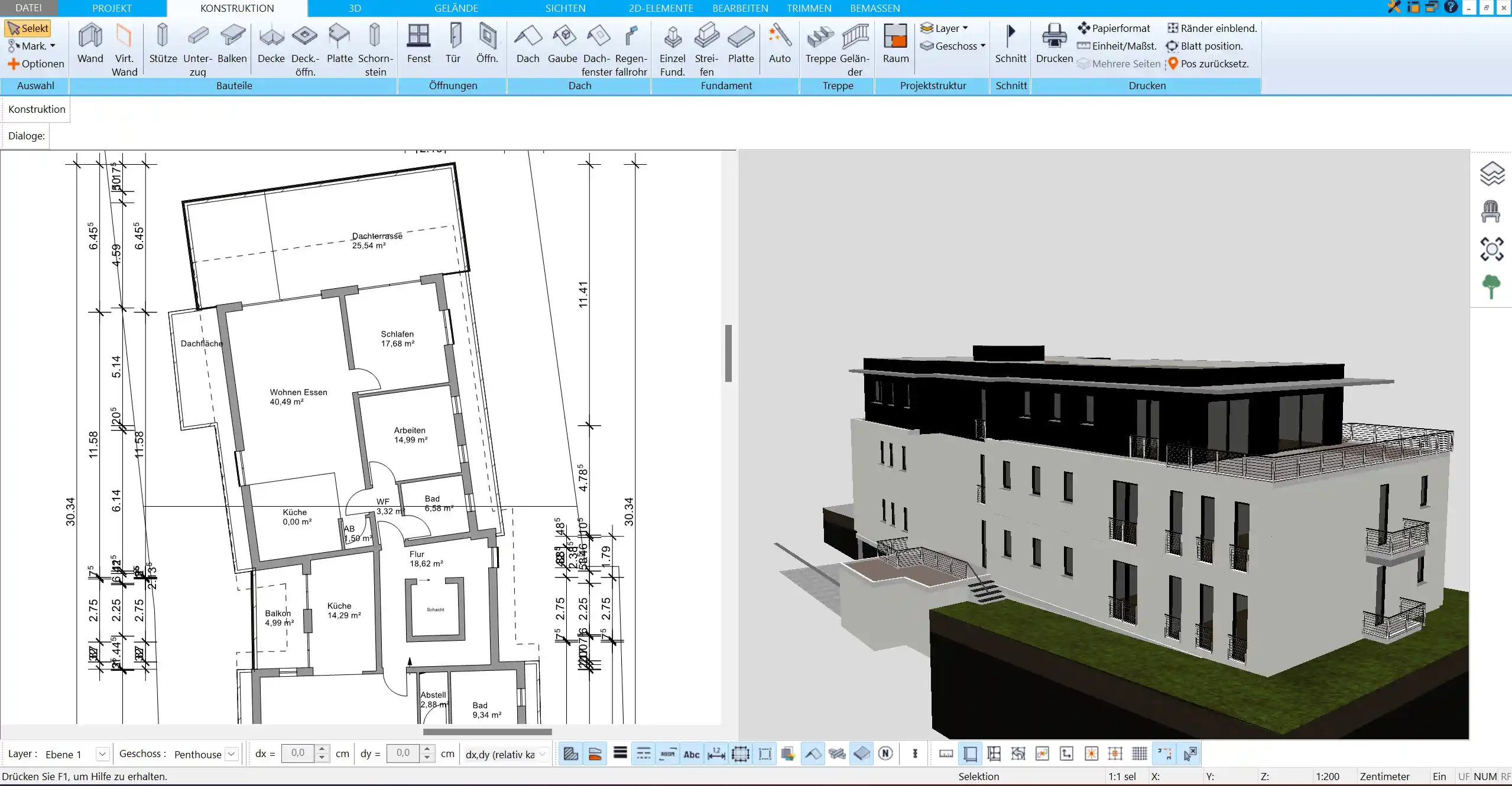 Die Bruttofläche nach DIN 277 wird im HausDesigner3D automatisch berechnet