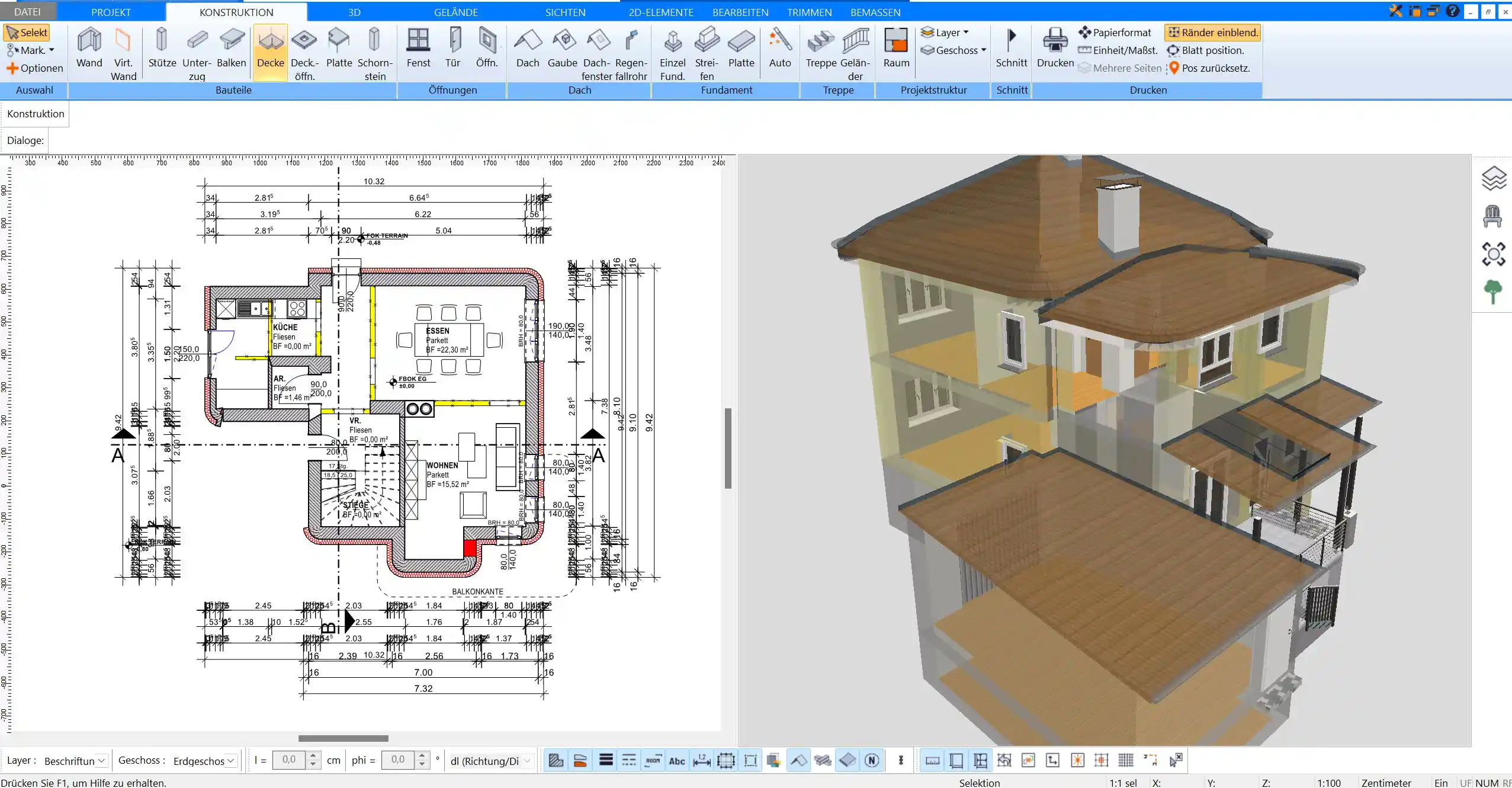 Grundriss eines Zweifamilienhauses in 3D mit dem HausDesigner3D