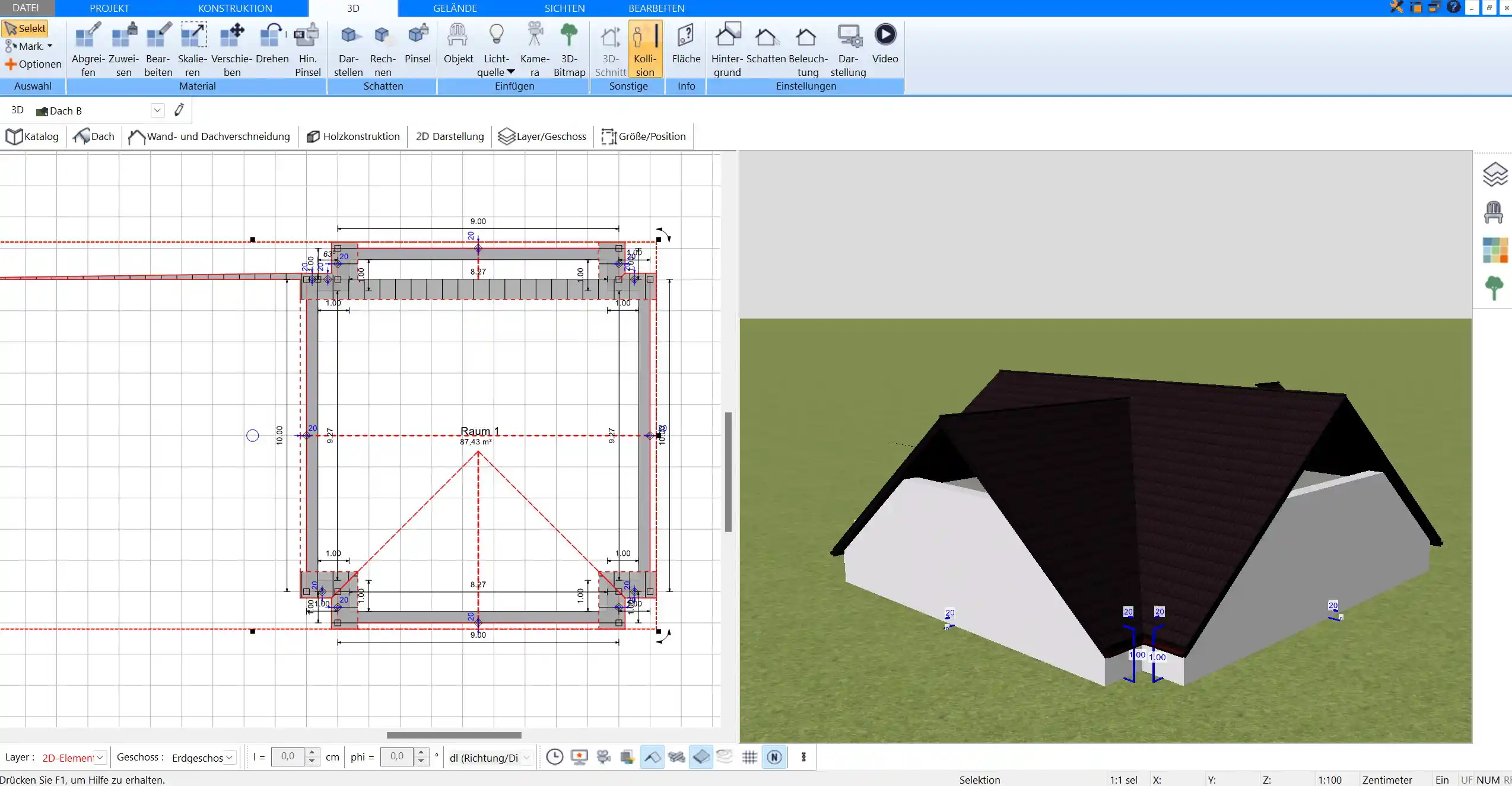 Die Traufhöhe und Dachneigung präzise in der 3D-Ansicht des HausDesigner3D planen