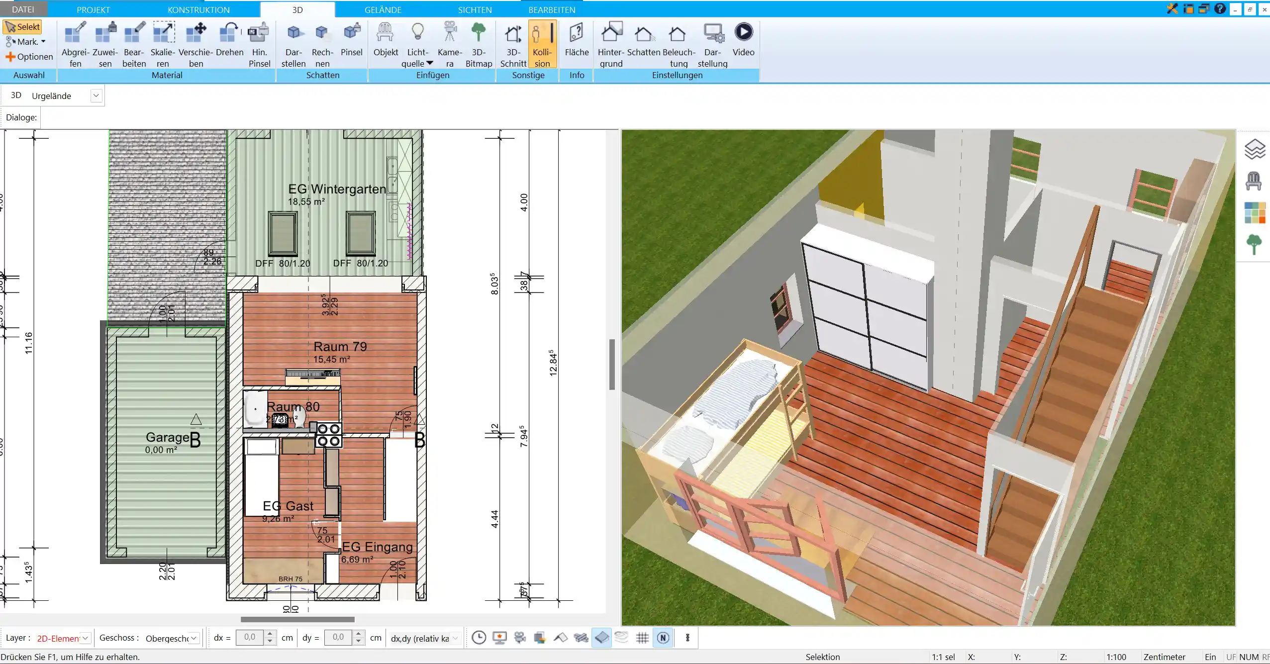 Möbelanordnung im kombinierten Wohn- und Esszimmer visualisieren mit dem HausDesigner3D