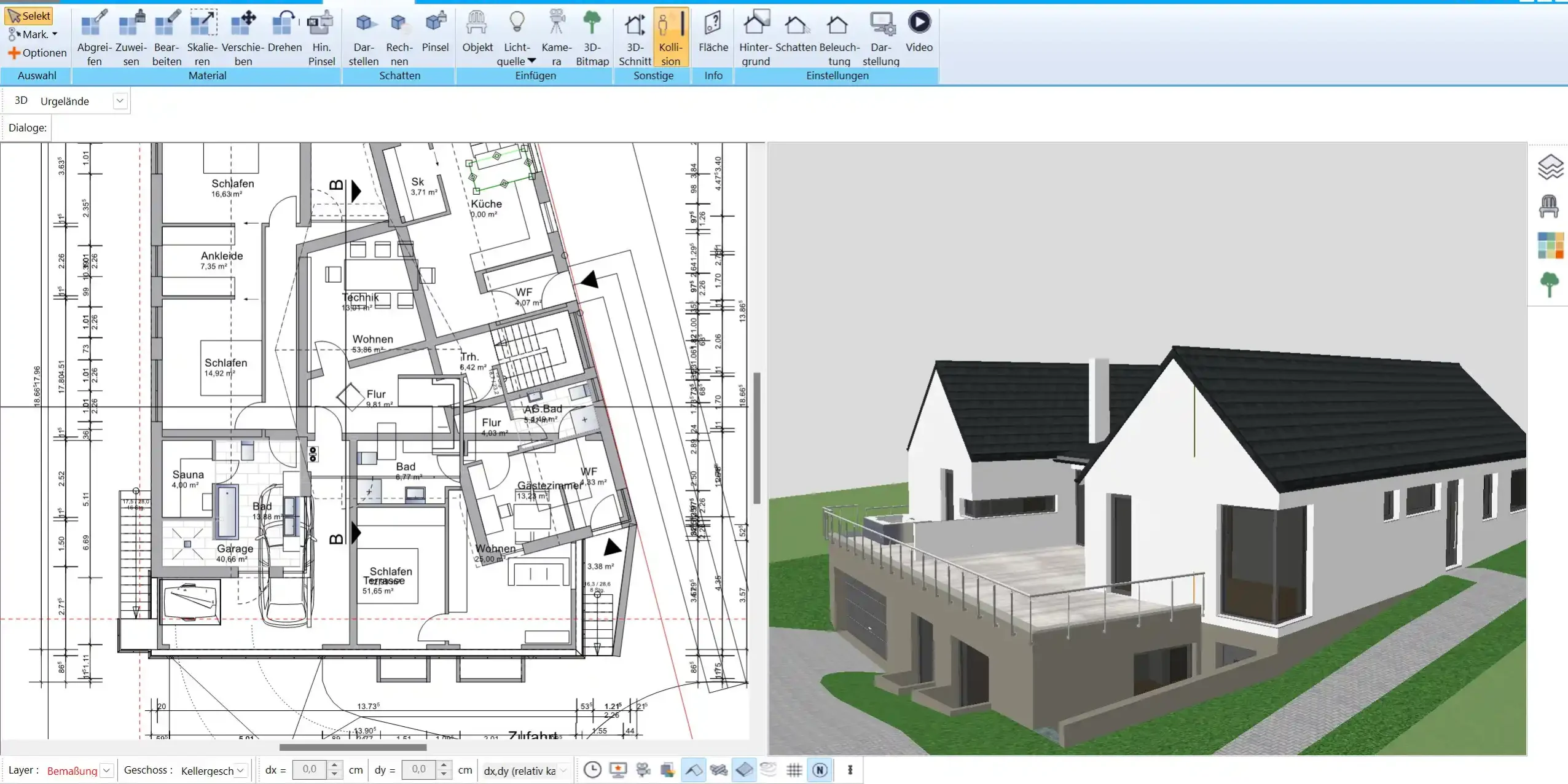 Optimale Vordachgröße in der 3D-Ansicht des HausDesigner3D planen.