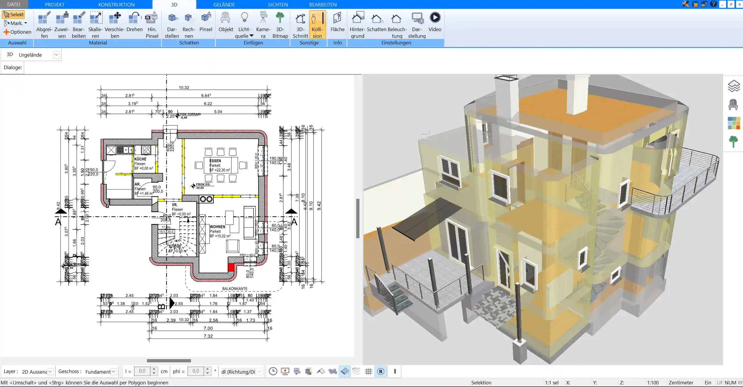 Professionelle Darstellung von Gebäudeplänen im Maßstab 1100 mit HausDesigner3D