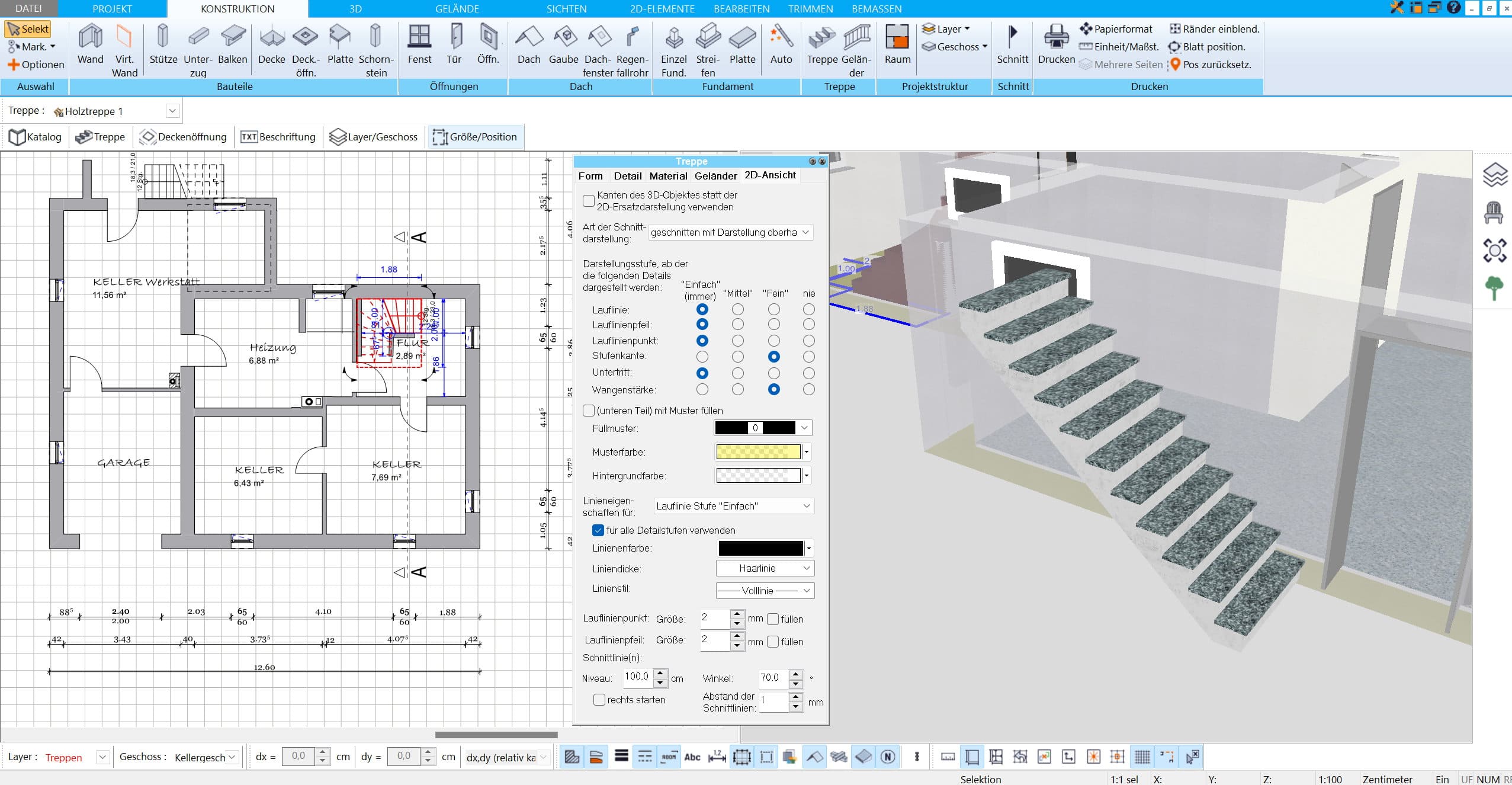 Treppe in der 3D-Ansicht des HausDesigner3D Präzise Darstellung mit Geländer und Materialien, um die spätere Nutzung zu simulieren