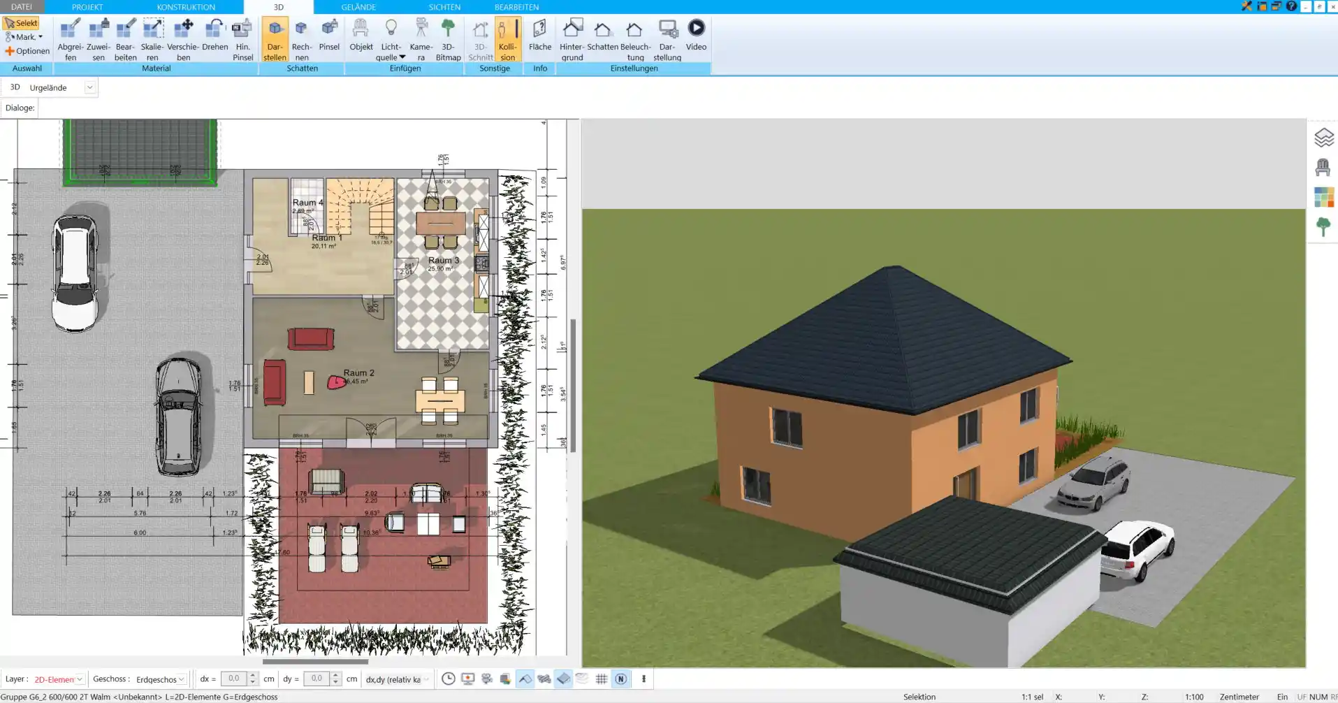 3D-Ansicht des autarken Hauses im HausDesigner3D Solarmodule, Regenwasserspeicher und energieeffiziente Raumaufteilung