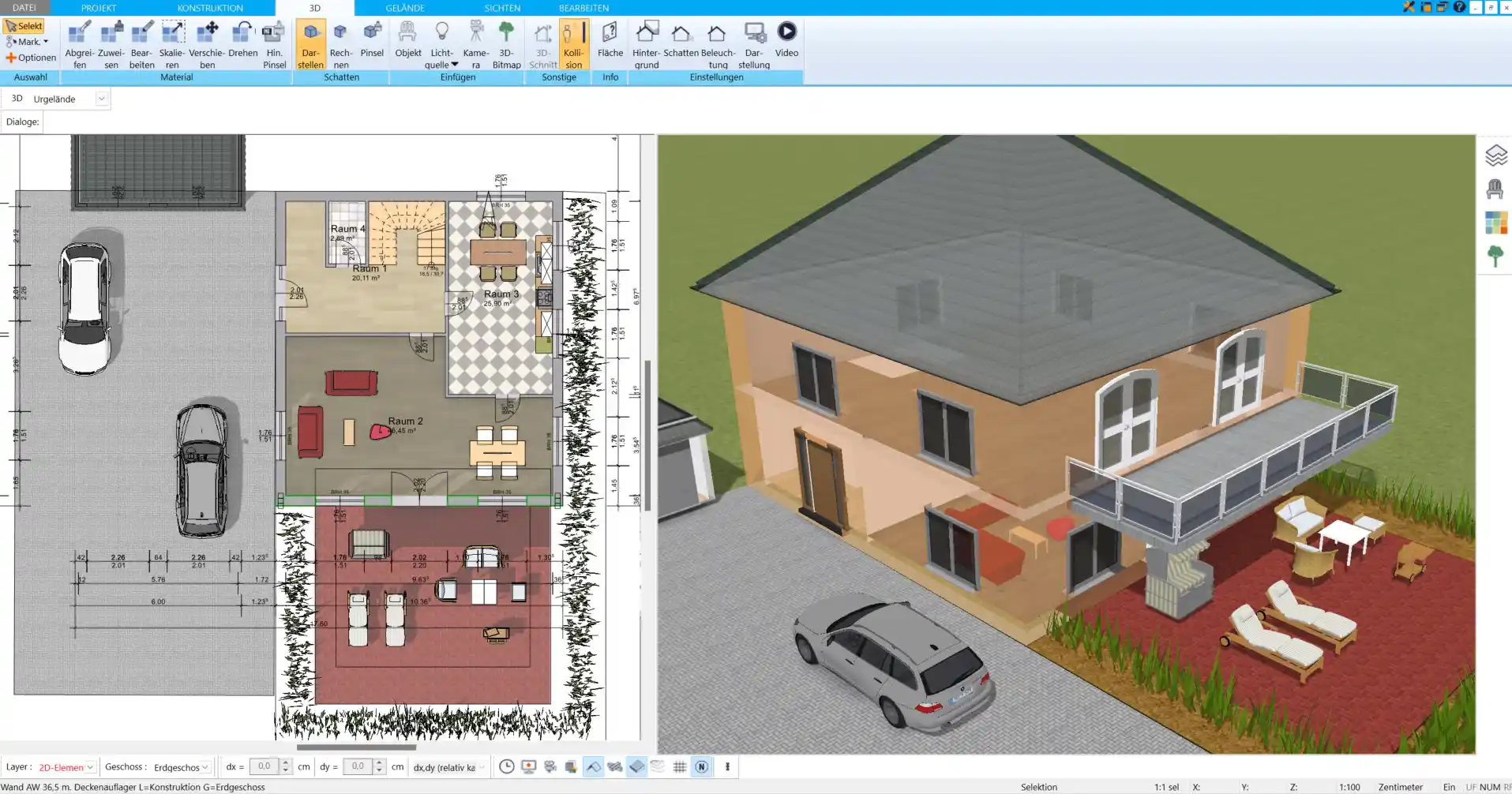 3D-Ansicht des geplanten Grundrisses – Realistische Visualisierung der Holzständerbauweise in der Software