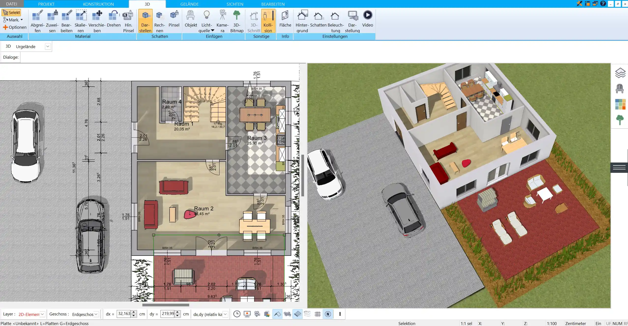 3D-Ansicht eines Friesenhauses mit symmetrischer Raumaufteilung