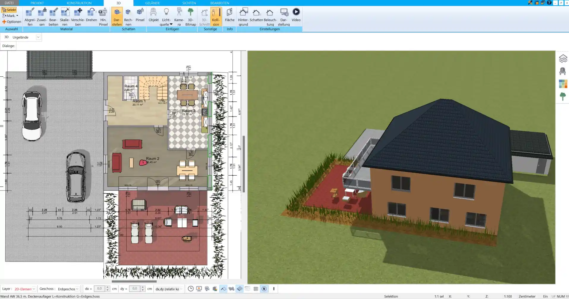 3D-Ansicht eines geplanten Hauses im HausDesigner3D - realistische Visualisierung und detaillierte Ansicht der Innenräume