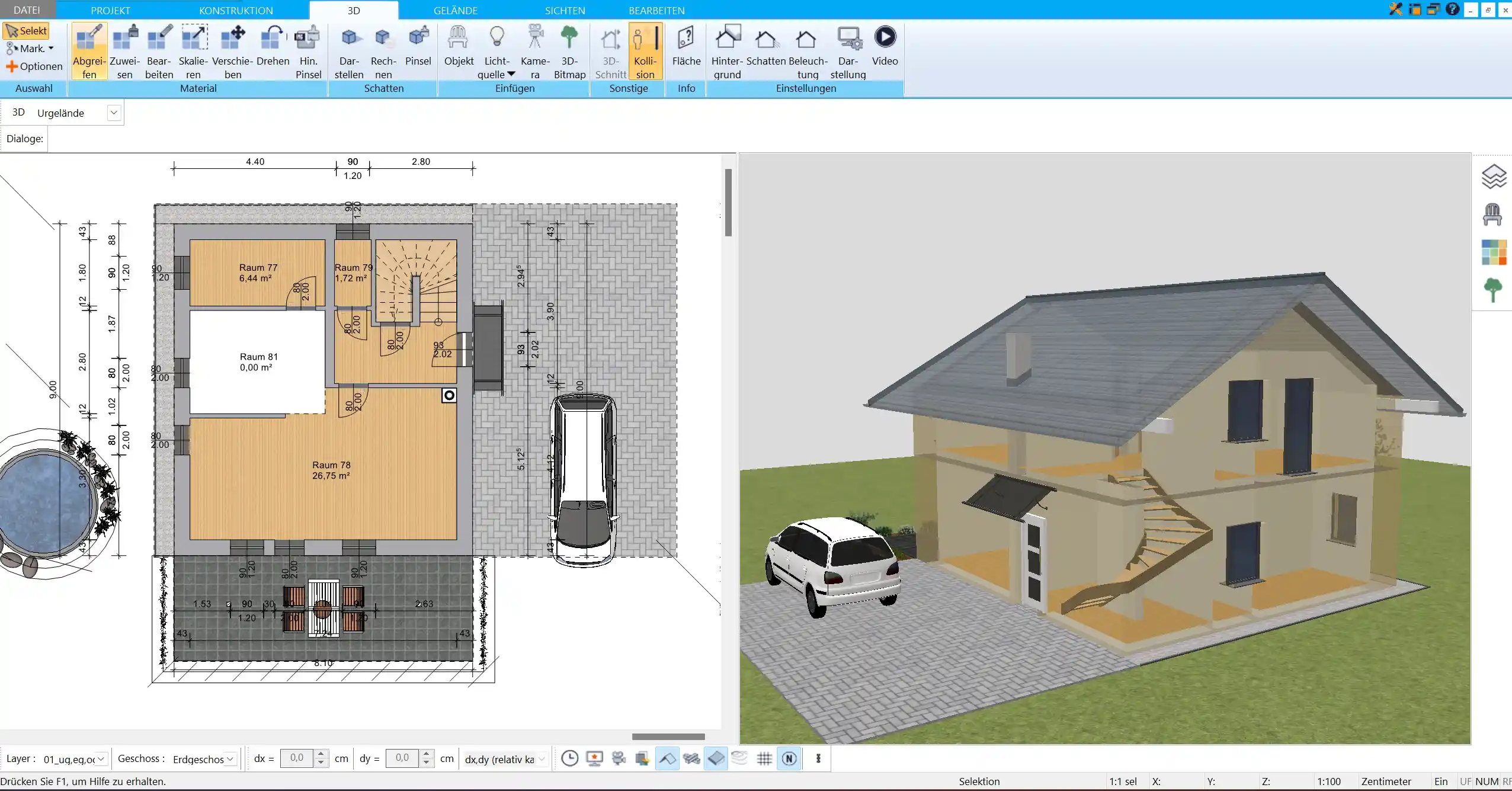 3D-Ansicht eines geplanten Hauses im HausDesigner3D - realistische Visualisierung und detaillierte Ansicht der Innenräume