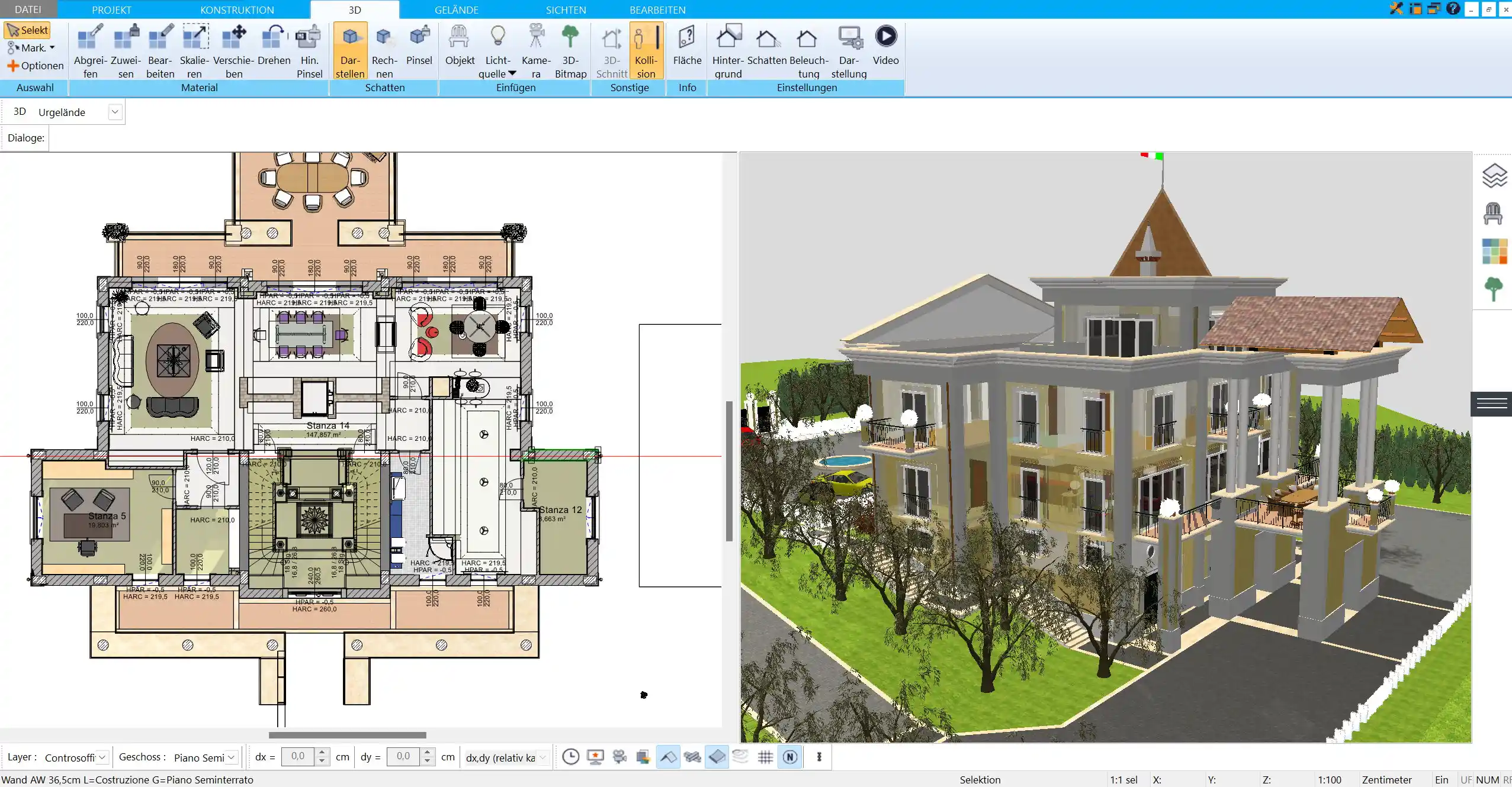 3D-Visualisierung des Bürokomplexes Überprüfung des Raumgefühls und der Anordnung aus verschiedenen Perspektiven