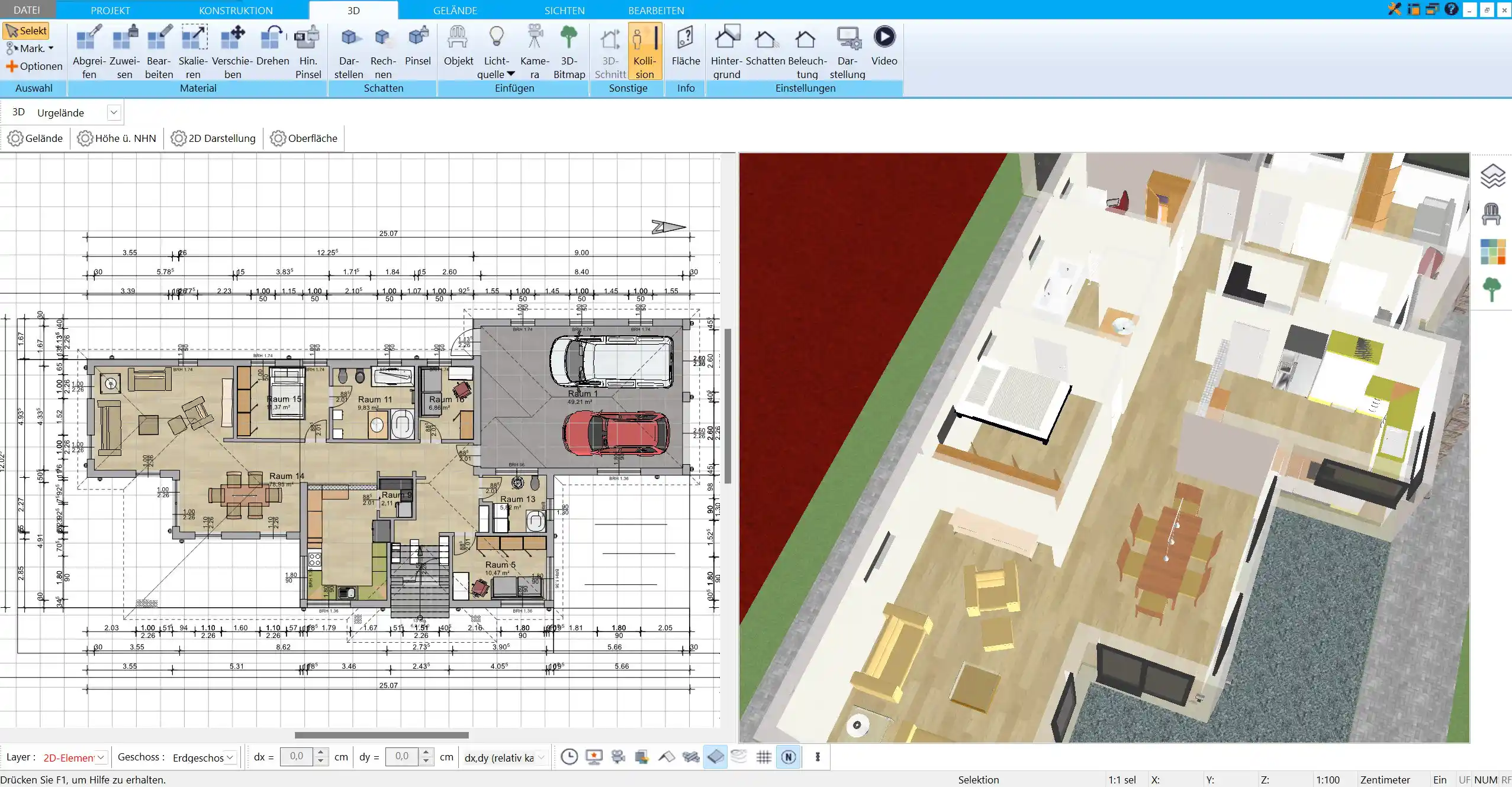 Beispiel eines bemaßten Grundrisses im HausDesigner3D – Exakte Maße sind für die Bank unerlässlich