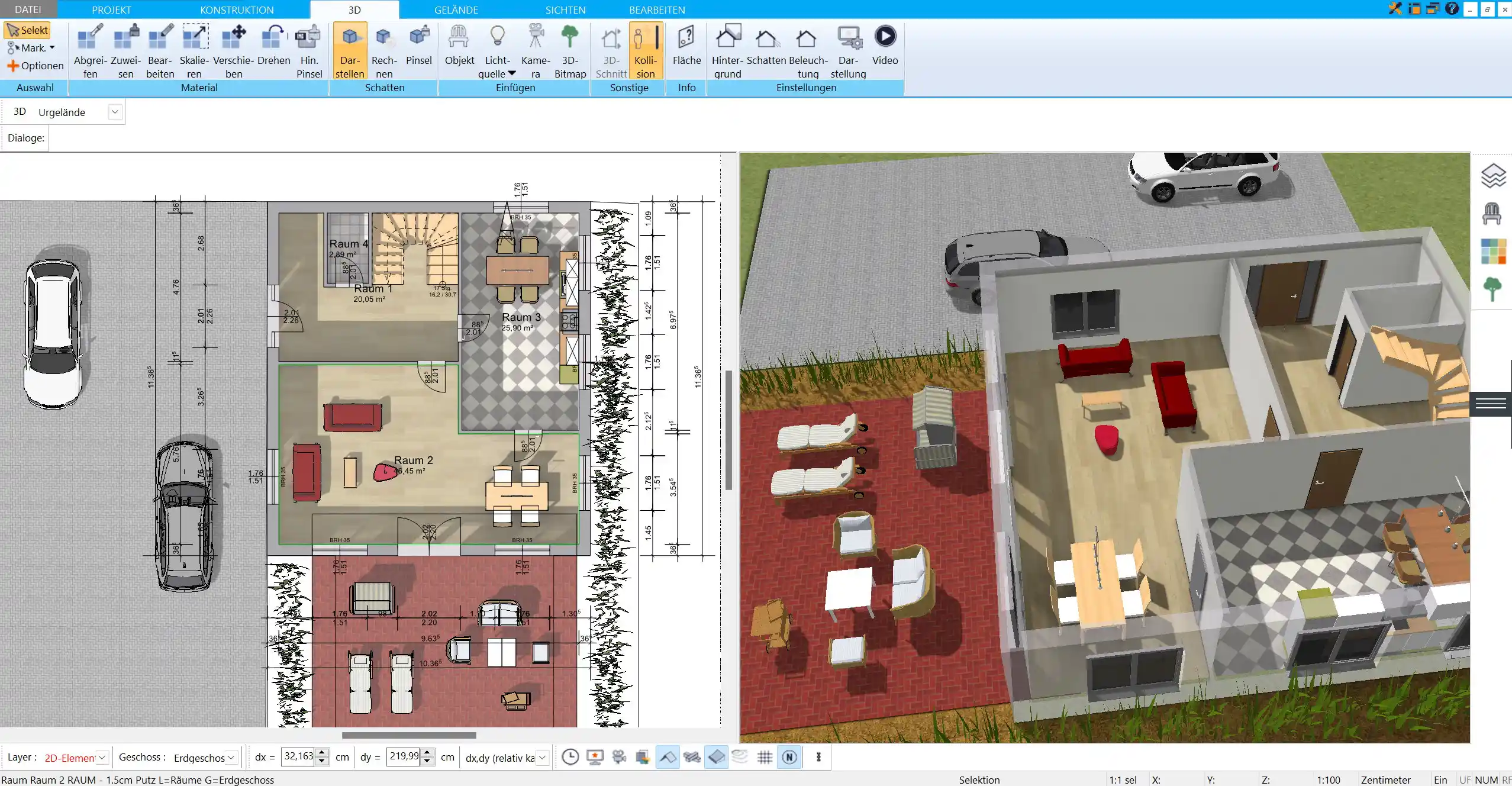 Benutzeroberfläche von HausDesigner3D in 2D-Ansicht