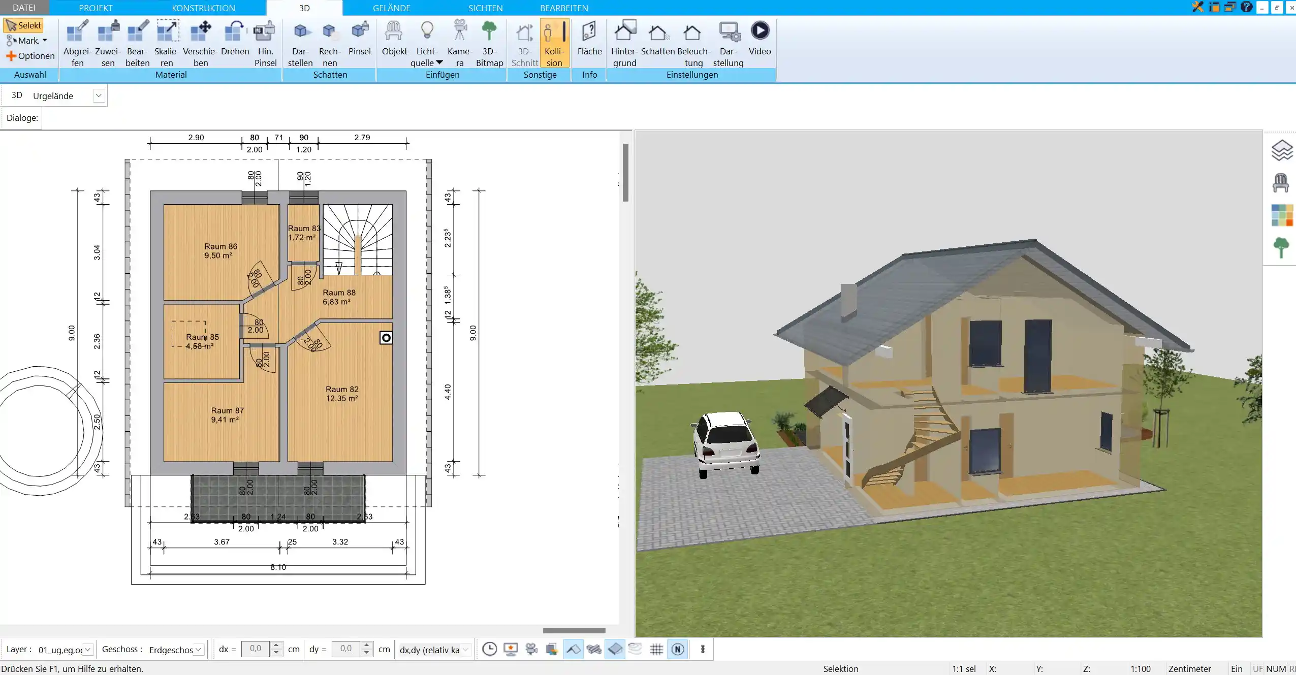 Benutzeroberfläche von HausDesigner3D in 2D-Ansicht