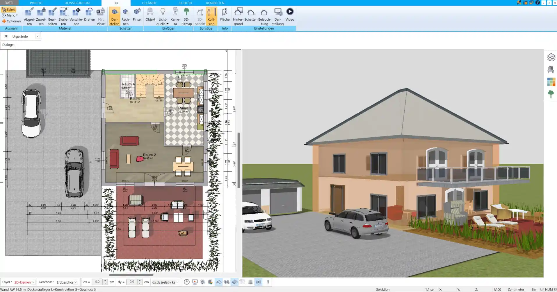 Dekoration und Beleuchtung Das fertige Café-Layout in der 3D-Ansicht, mit Deko-Elementen und Beleuchtung zur Schaffung einer angenehmen Atmosphäre