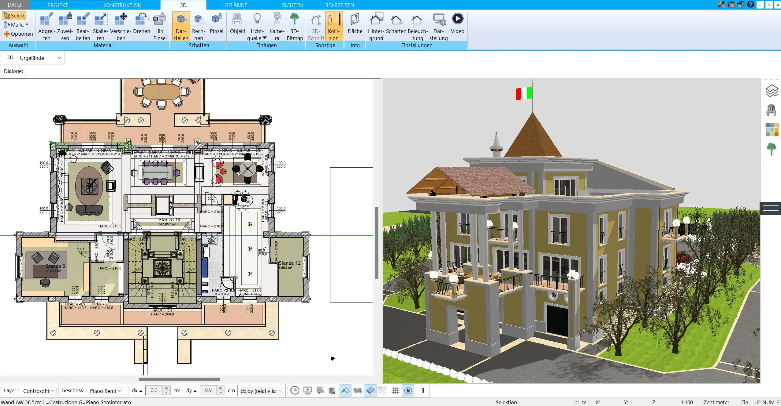 Der virtuelle Rundgang in der 3D-Ansicht bietet eine realistische Vorschau auf das geplante Penthouse mit modernen Möbeln und Dekoration