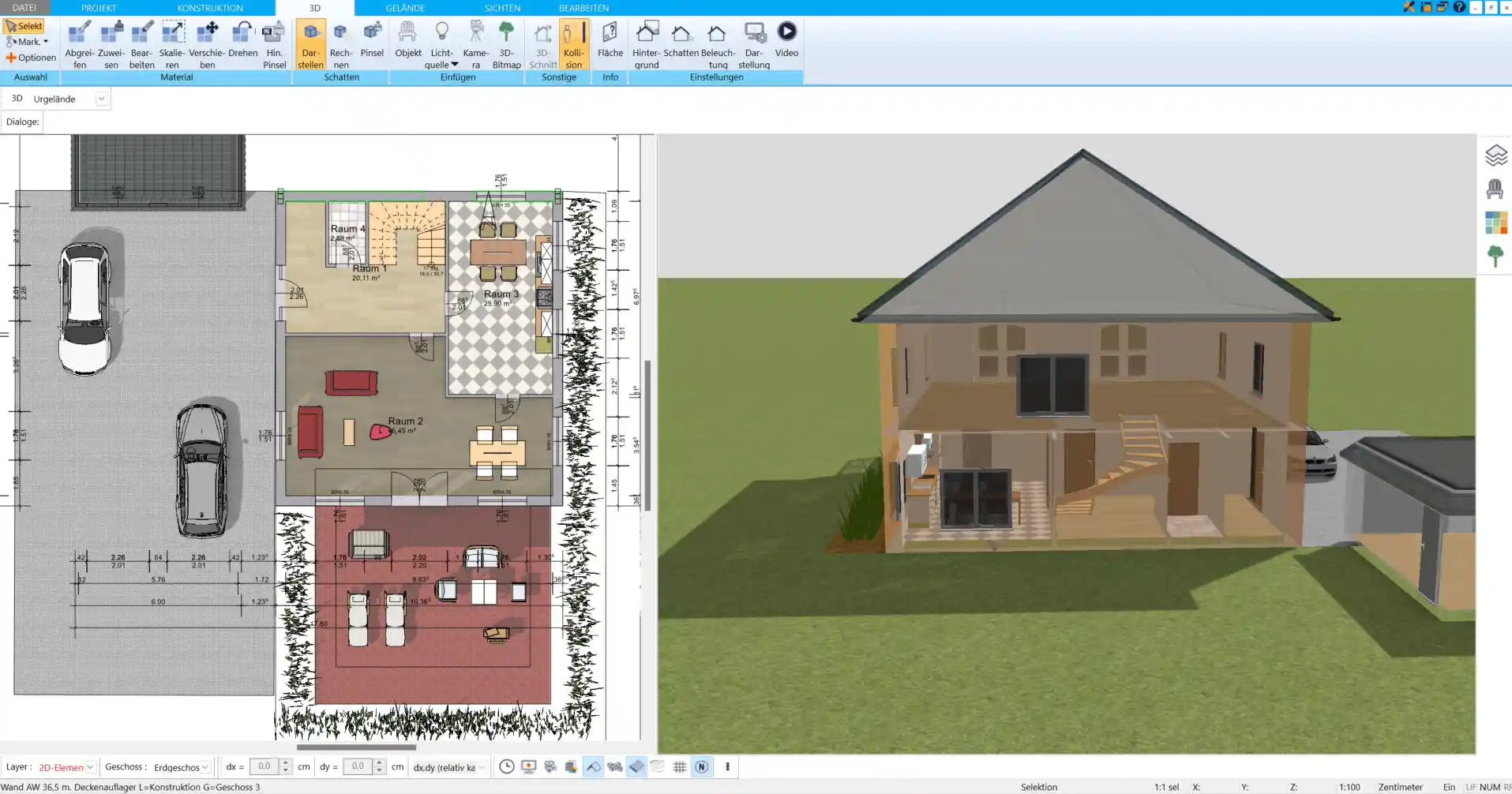 Die Ausrichtung des Hauses zur Sonne wird im HausDesigner3D simuliert und angepasst, um die Sonnenenergie optimal zu nutzen