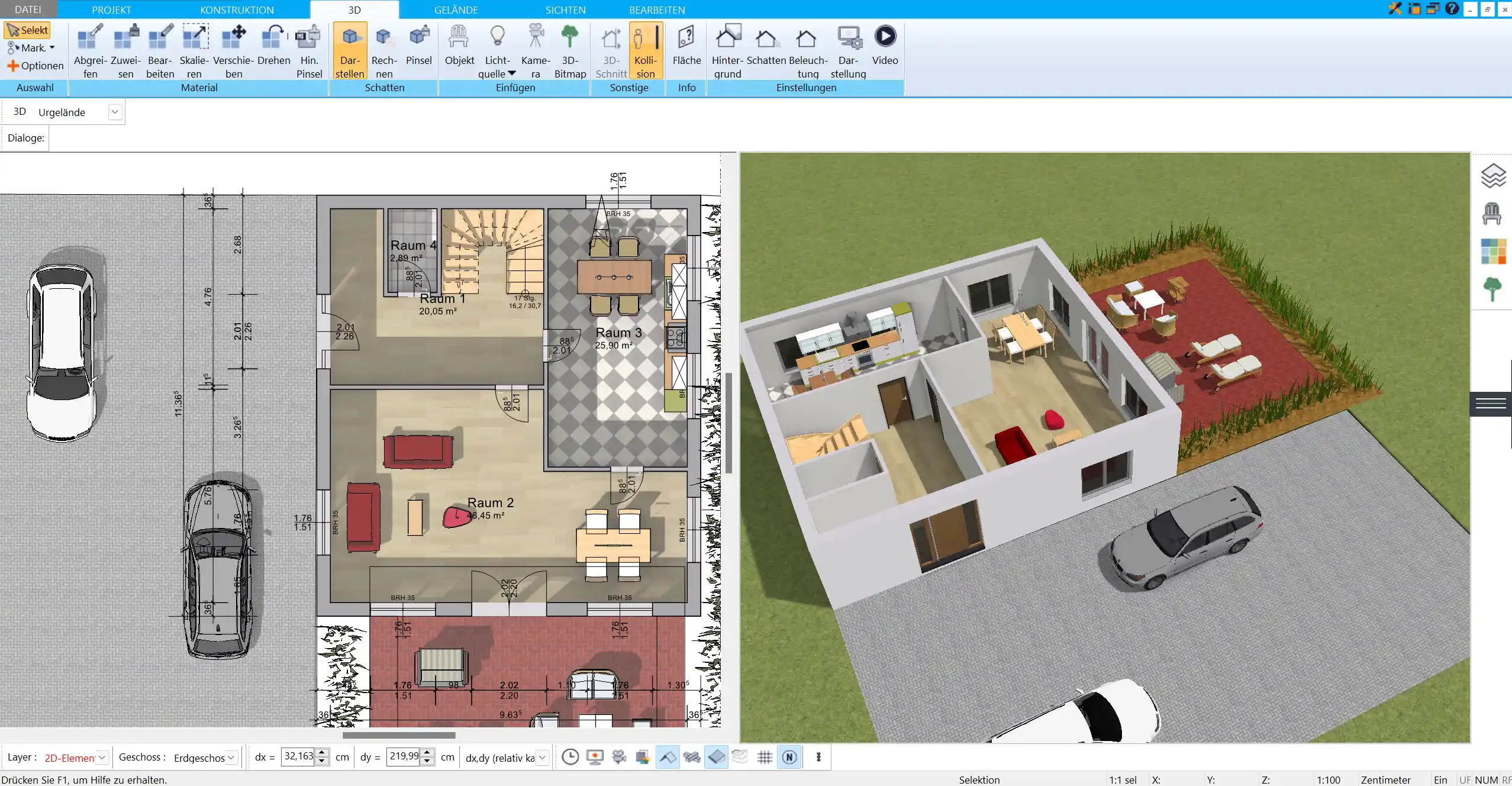 Diese 3D-Darstellung zeigt ein geplantes Dach in der Software, ideal für die Visualisierung der Dachform vor der Umsetzung