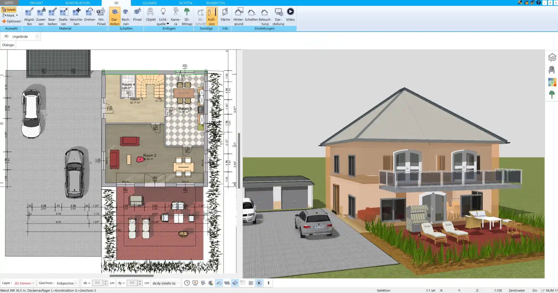 Ein Blick in die 3D-Visualisierung zeigt den Entwurf des Architektenhauses aus verschiedenen Perspektiven, einschließlich einer realistischen Ansicht der Raumaufteilung