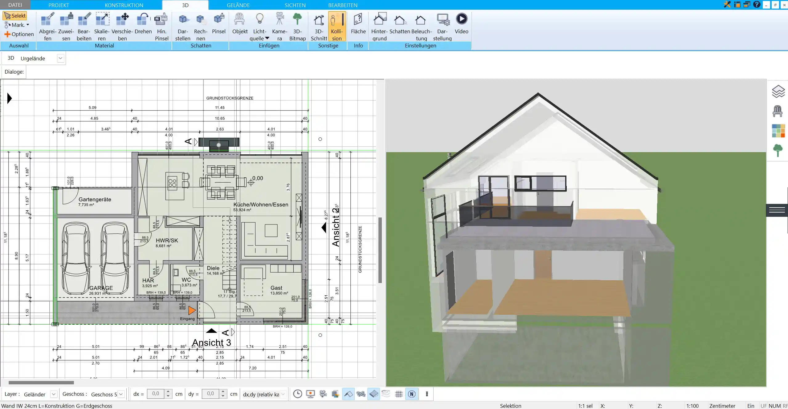 Ein erster Entwurf für den Grundriss eines Ökohauses, erstellt im HausDesigner3D. Die nachhaltige Raumaufteilung optimiert die Nutzung von Licht und Wärme