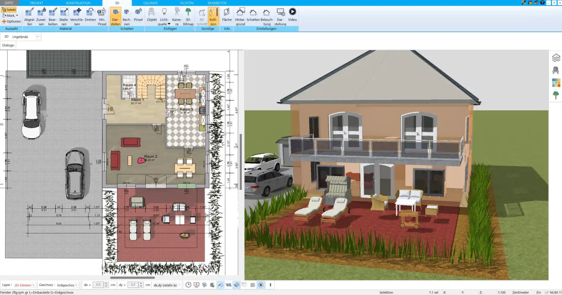 Eine detaillierte 3D-Visualisierung des Dachaufbaus, erstellt mit der HausDesigner3D-Software, die eine präzise Planung ermöglicht