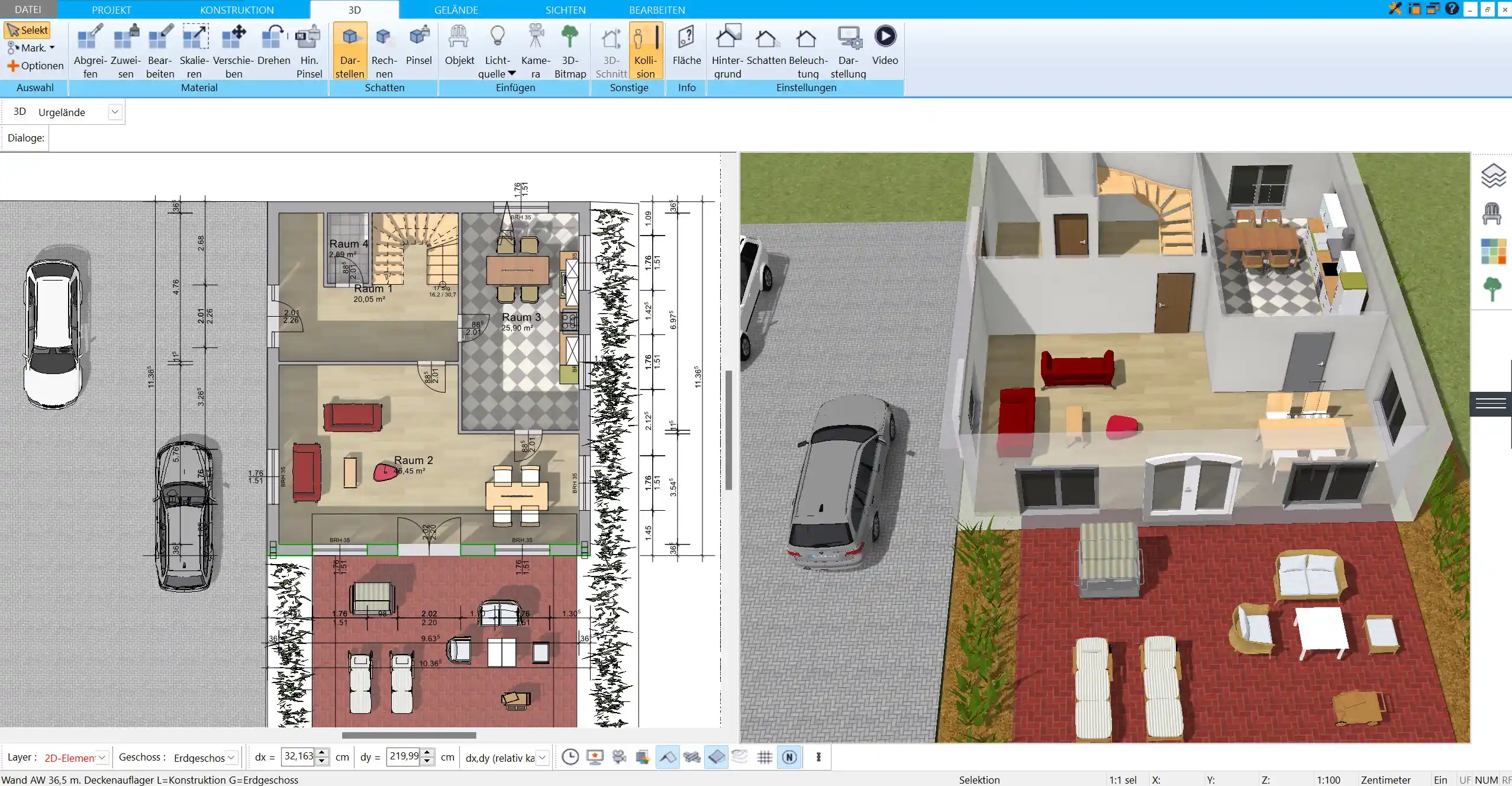 Erstellung der Gebäudehülle Festlegen von Außenwänden und Grundfläche für einen Bürokomplex im HausDesigner3D