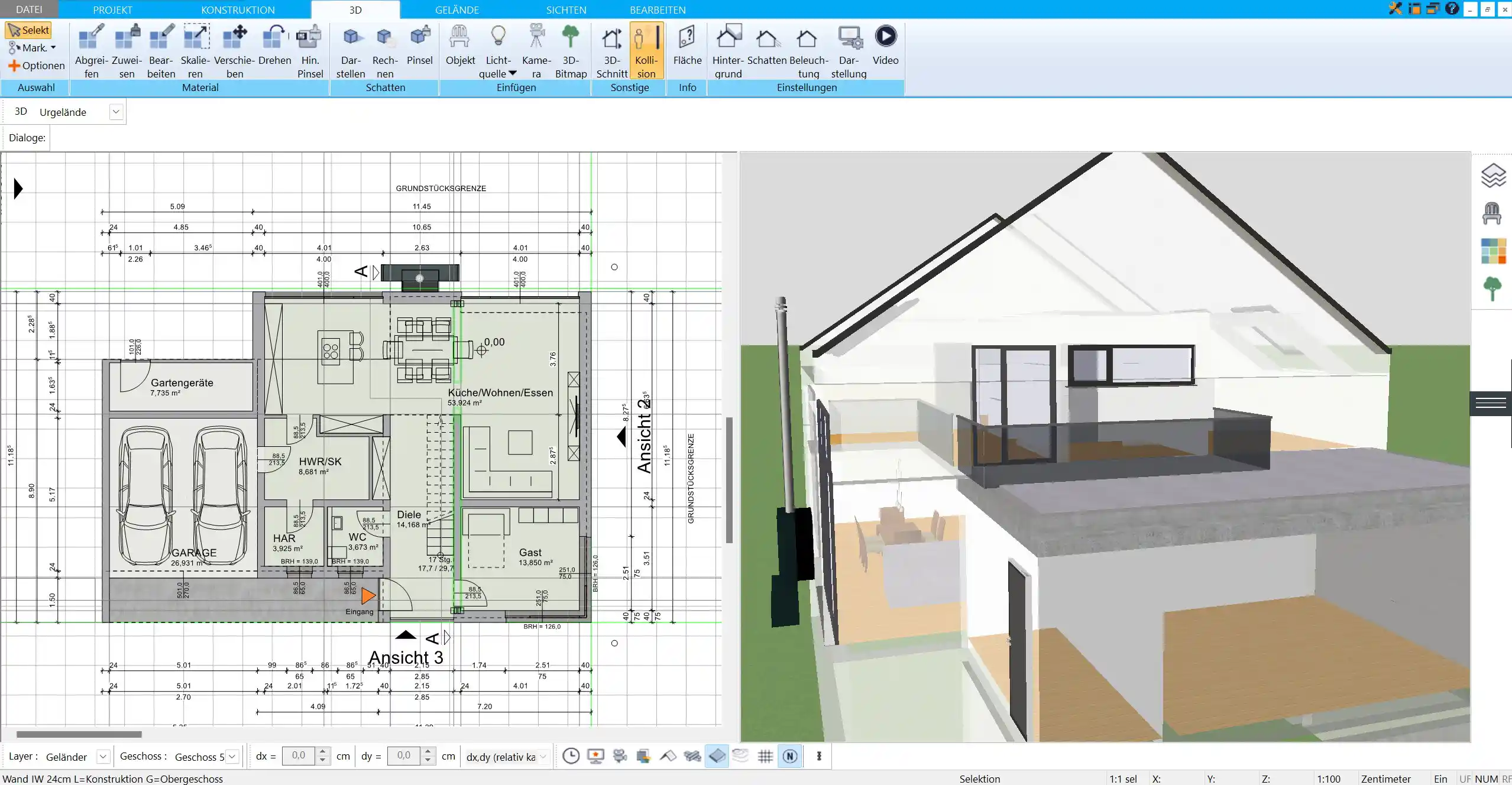 Grundriss einer 2-Zimmer-Wohnung erstellen – Detaillierte Ansicht des Grundrisses, der mit der HausDesigner3D-Software geplant wurde