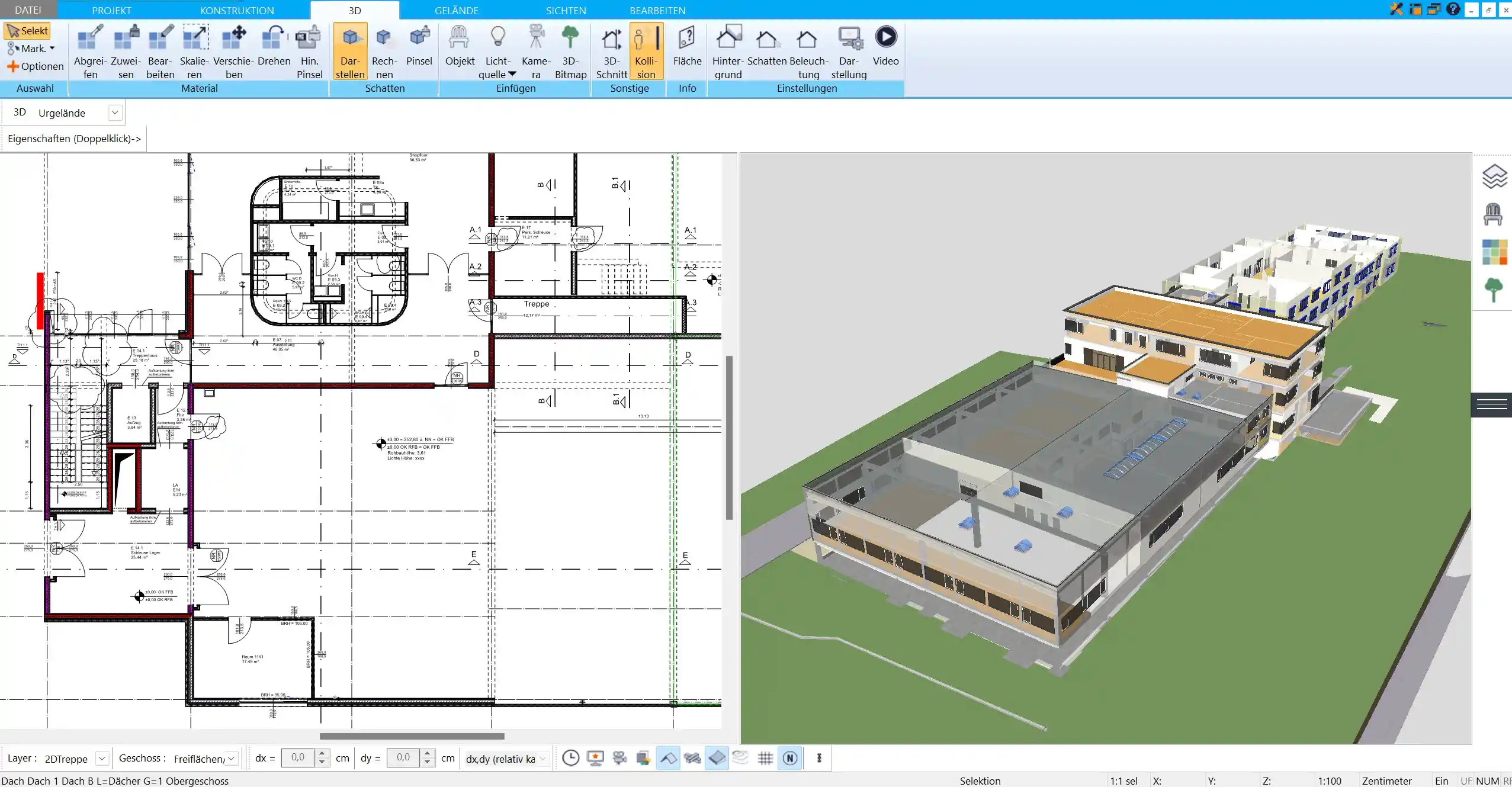 Mit HausDesigner3D können Sie das Grundlayout der Halle individuell anpassen und alle Bereiche definieren