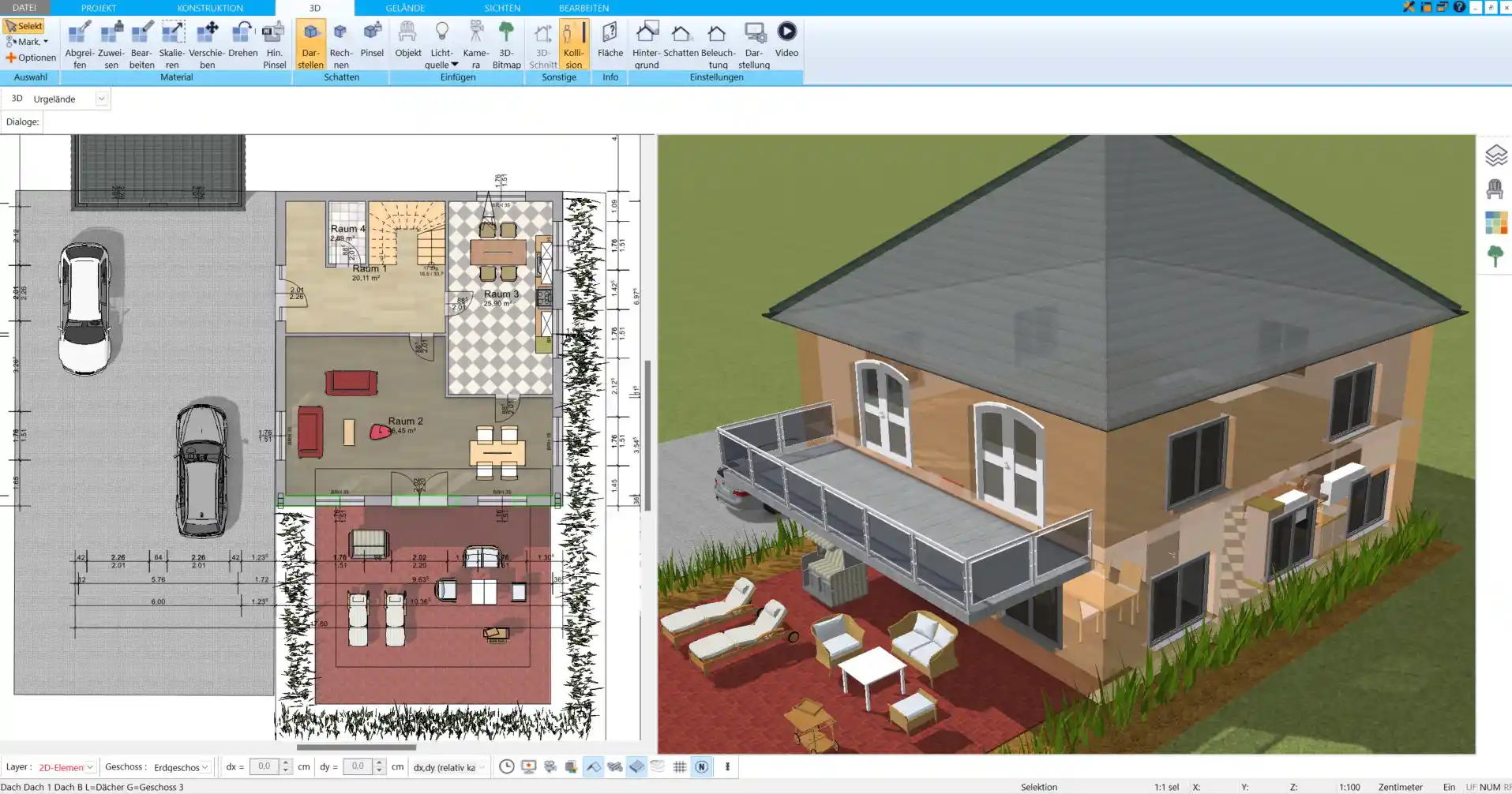 Realistische 3D-Darstellung eines geplanten Hauses im HausDesigner3D – detaillierte Ansichten aus verschiedenen Blickwinkeln