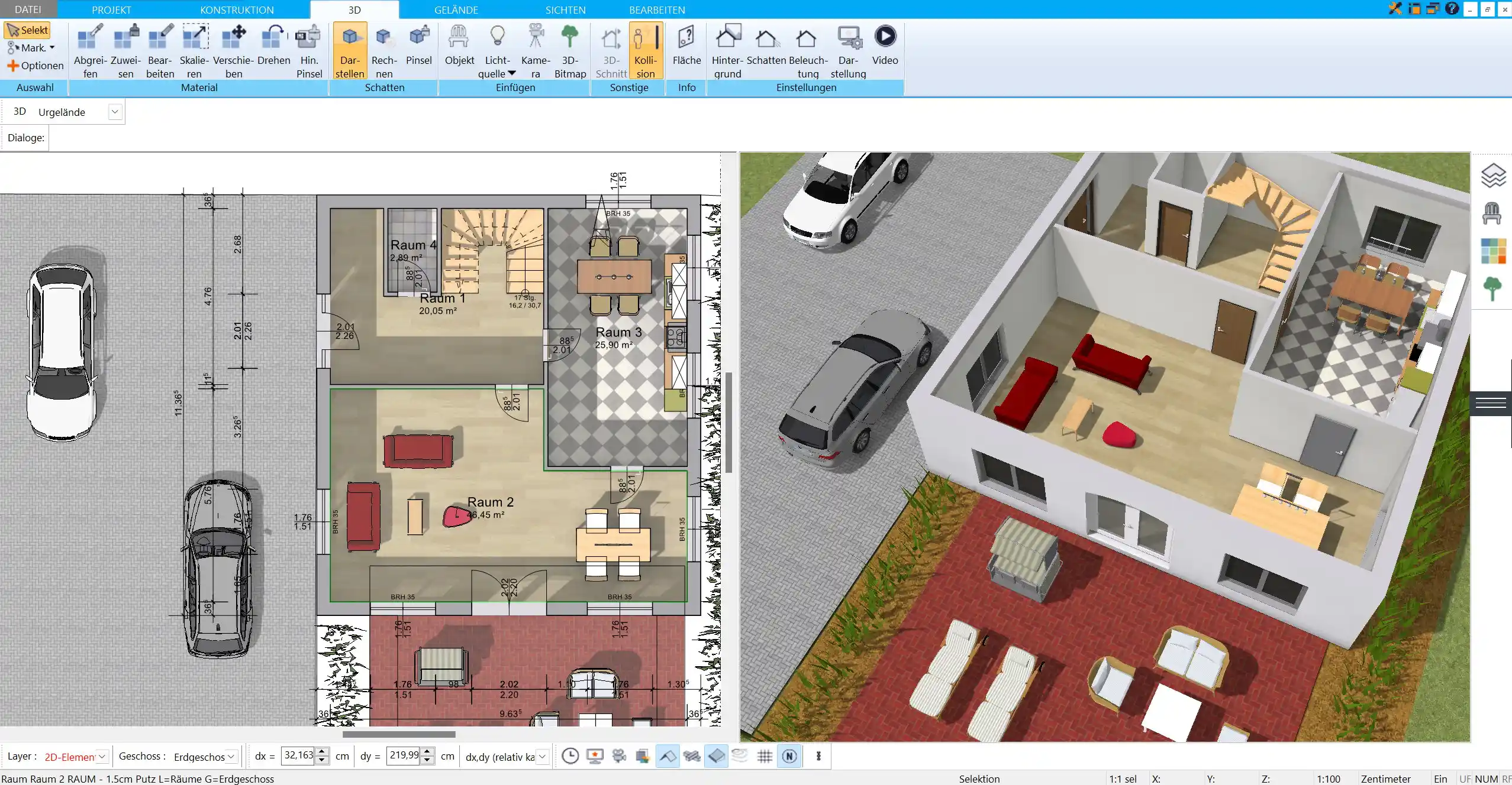 Realistische 3D-Visualisierung eines Wohnzimmers, erstellt mit dem HausDesigner3D