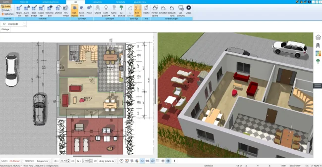 Übersichtliche Benutzeroberfläche von HausDesigner3D für präzise Planung in 2D und 3D
