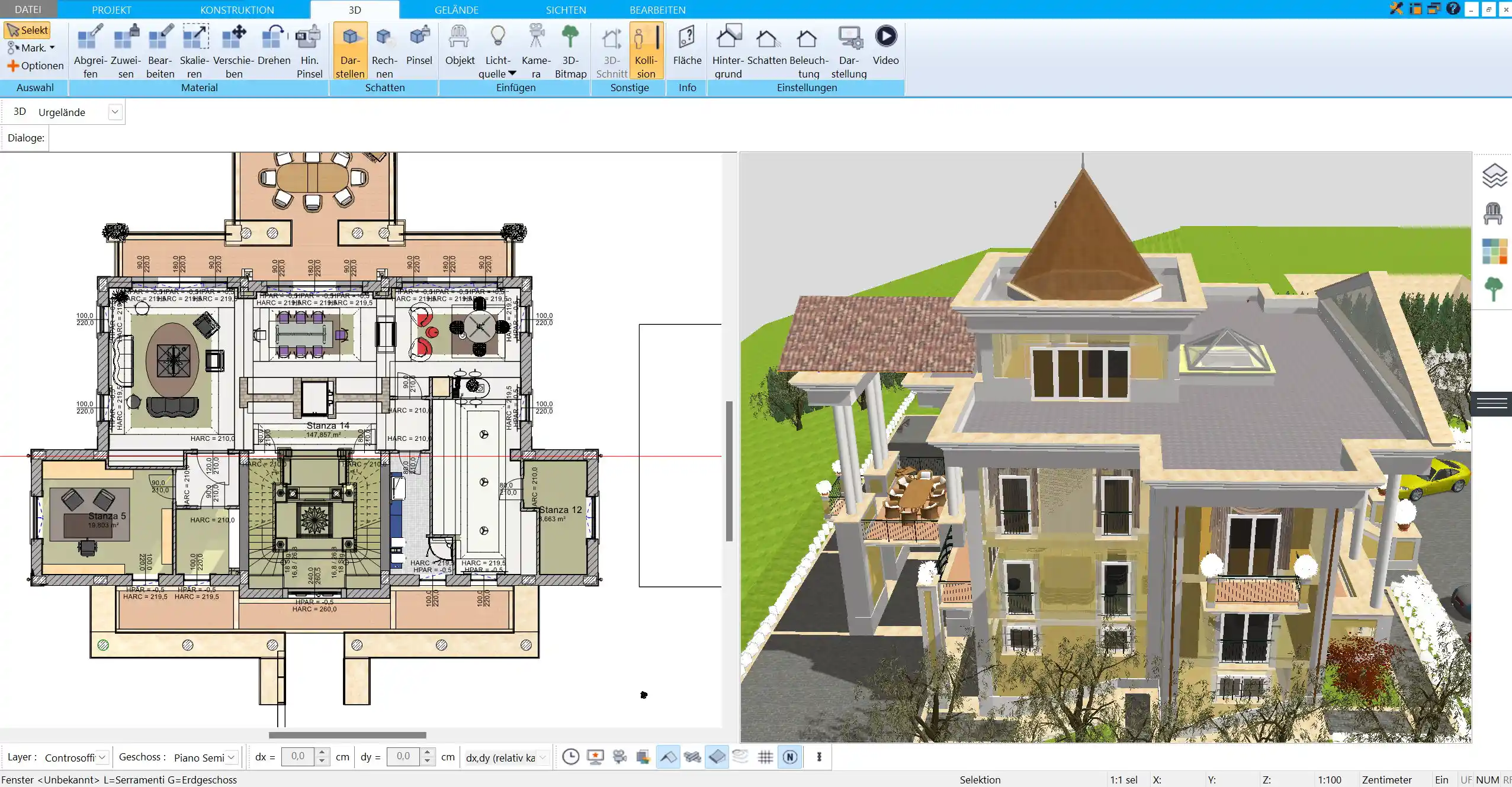 Villa-Grundriss in 3D visualisieren Die 3D-Ansicht bietet eine realistische Perspektive und hilft, das Design zu verfeinern und zu überprüfen