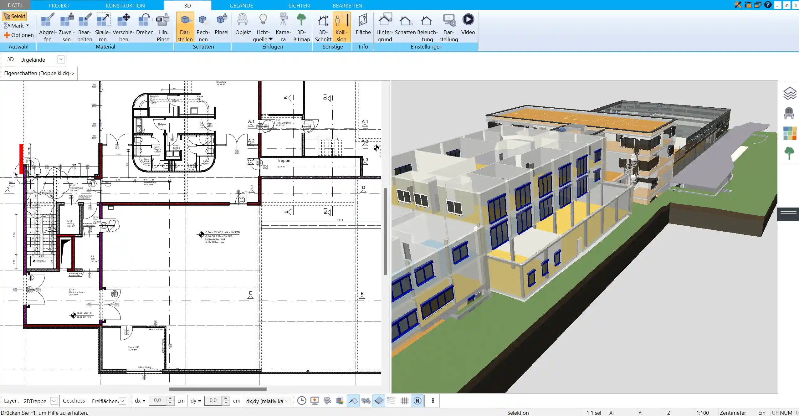 Visualisierung der gesamten Lagerhalle in der 3D-Ansicht des HausDesigner3D zur besseren Orientierung