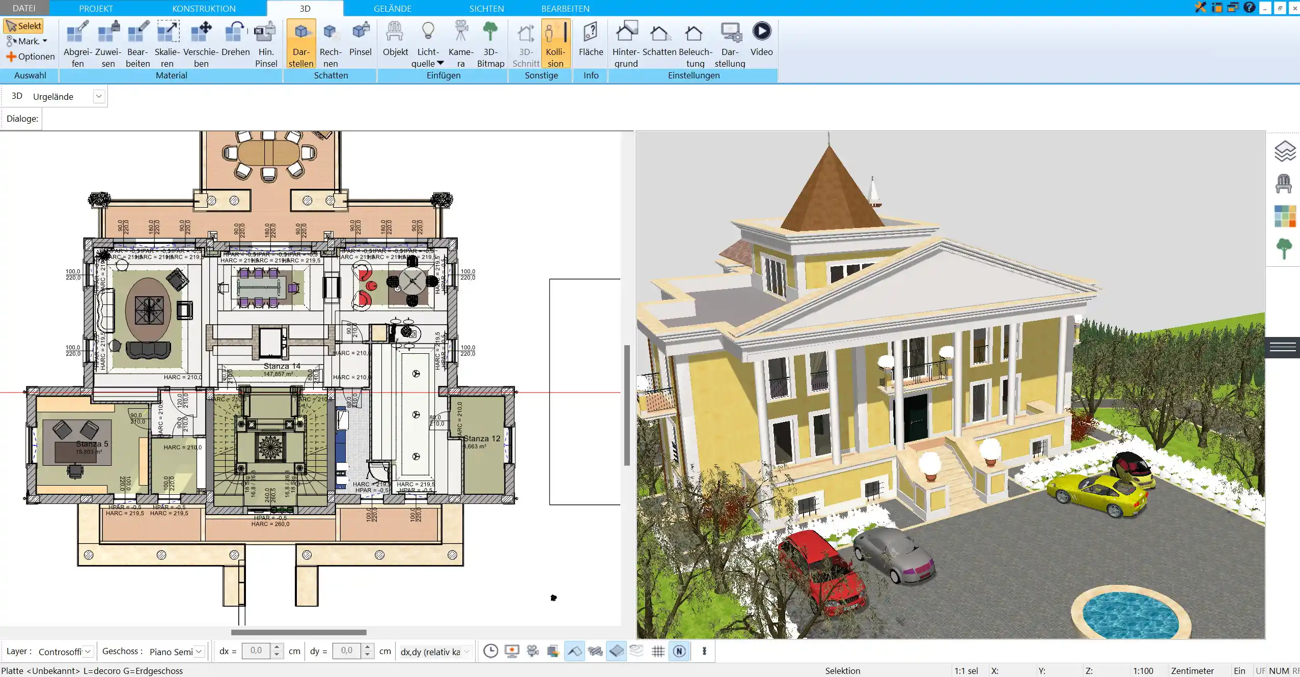 Wohnzimmergestaltung in 3D – Visualisierung des Wohnzimmers, perfekt geplant und möbliert mit HausDesigner3D