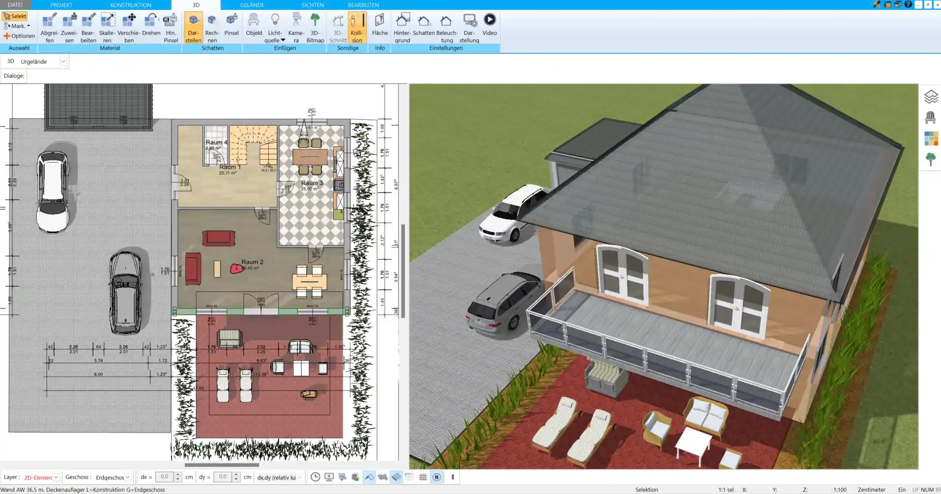 3D-Ansicht des geplanten Hauses Den fertigen Grundriss als 3D-Modell ansehen und die Raumwirkung aus verschiedenen Perspektiven überprüfen