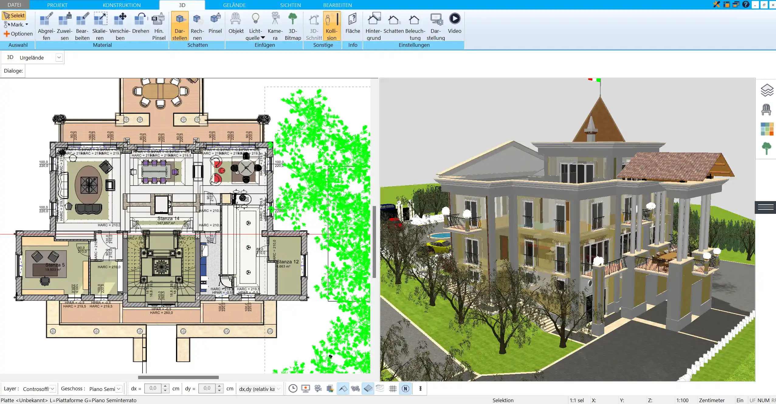 3D-Visualisierung des fertigen Grundrisses – Eindrucksvolle 3D-Ansicht des geplanten mediterranen Hauses, die das Zusammenspiel von Innen- und Außenbereich zeigt