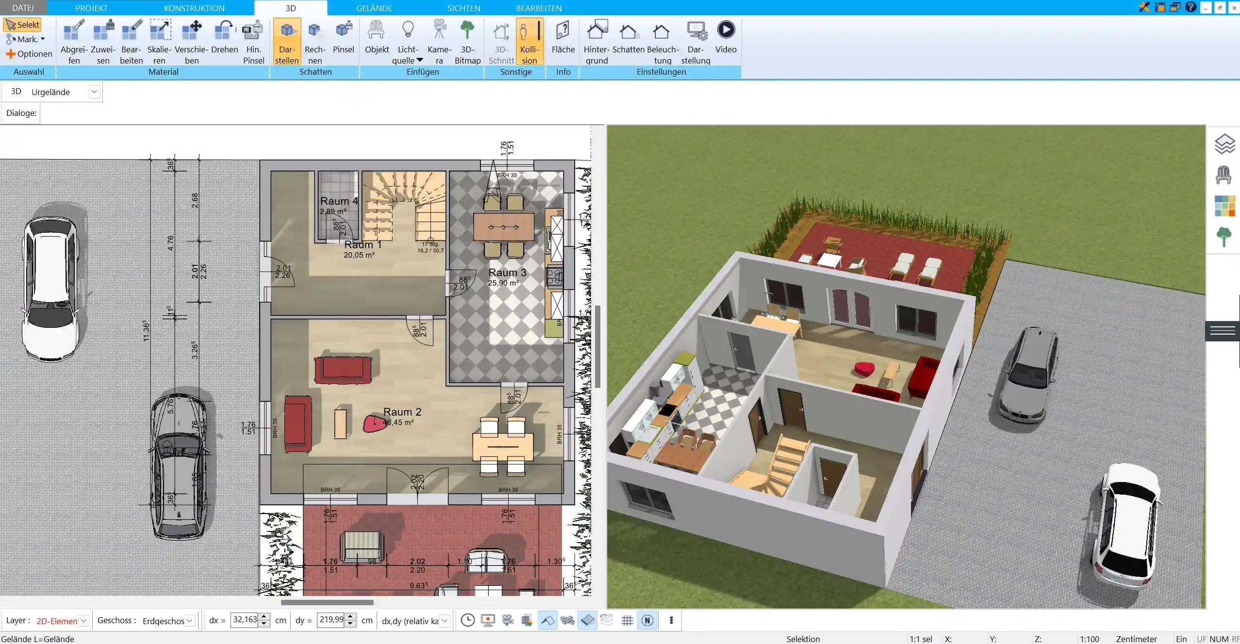 Der Grundriss für die Einliegerwohnung wird in HausDesigner3D erstellt. Die Anordnung der einzelnen Räume wie Wohnzimmer, Küche, Schlafzimmer und Badezimmer ist bereits festgelegt