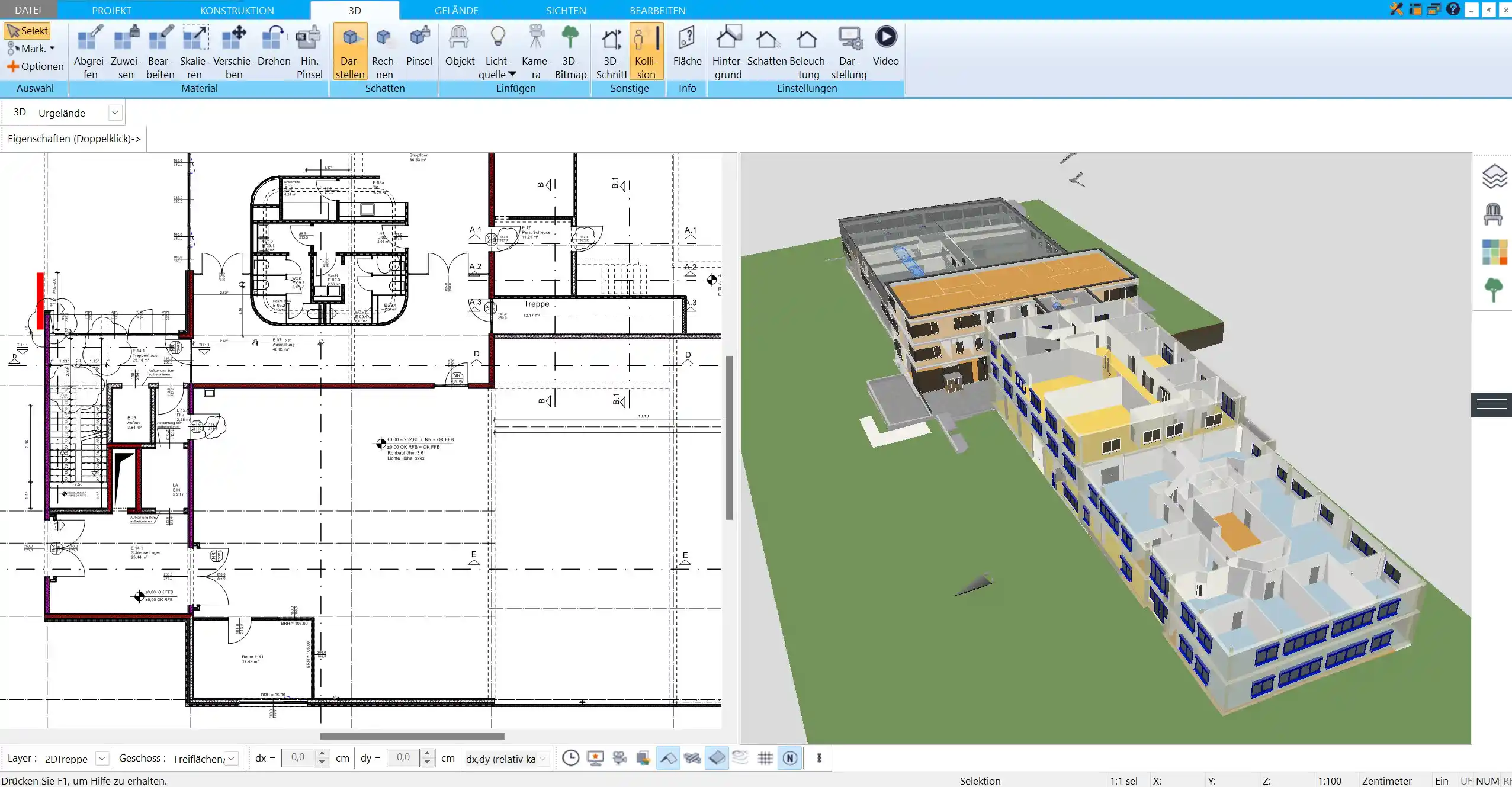 Eine Übersicht der Grundrissplanung eines Verwaltungsgebäudes mit der HausDesigner3D-Software, inklusive mehrerer Stockwerke