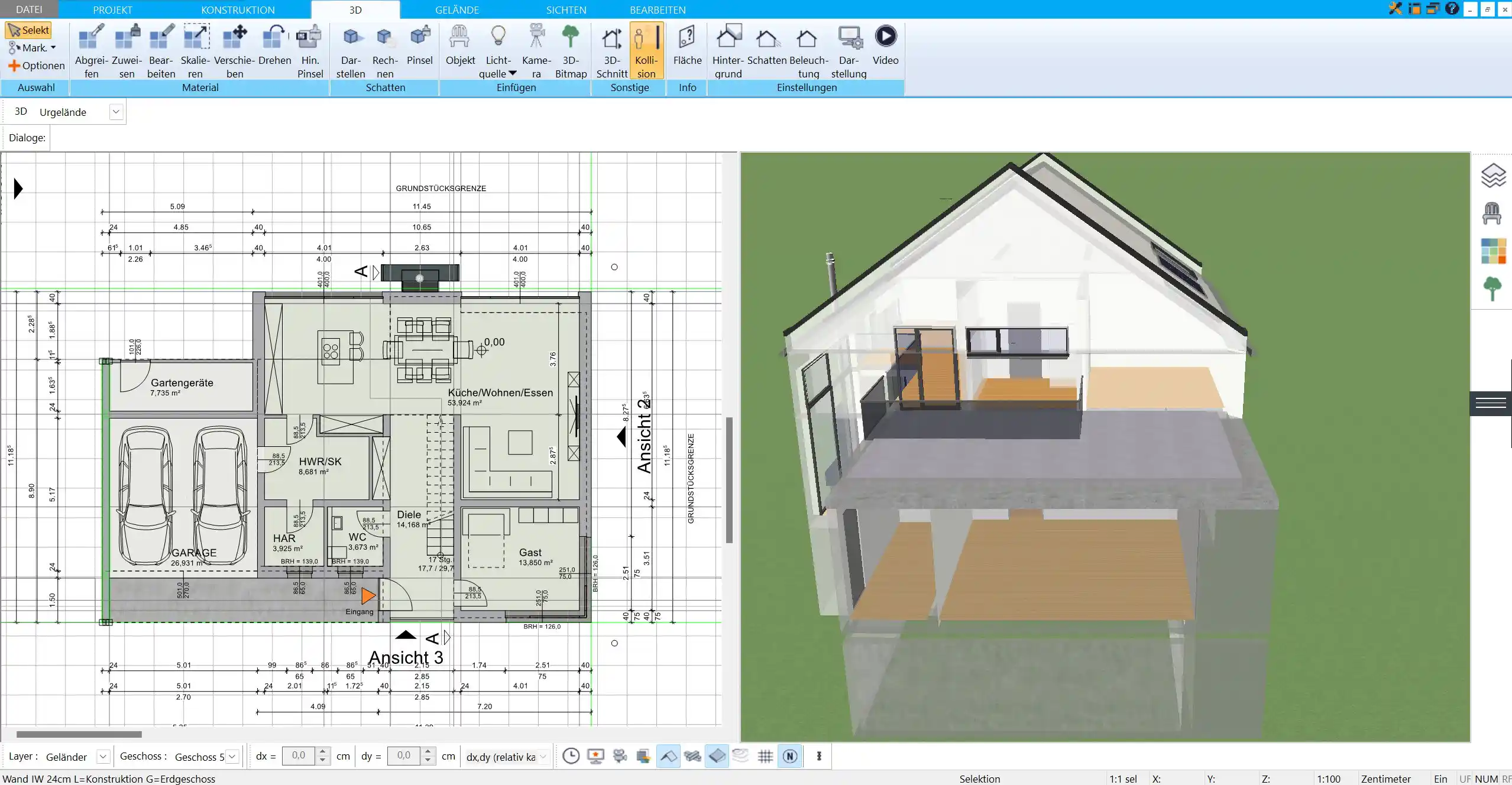 Erster Entwurf des Mini-Haus-Grundrisses – Grundrissgestaltung im HausDesigner3D mit Außenwänden und Raumaufteilung