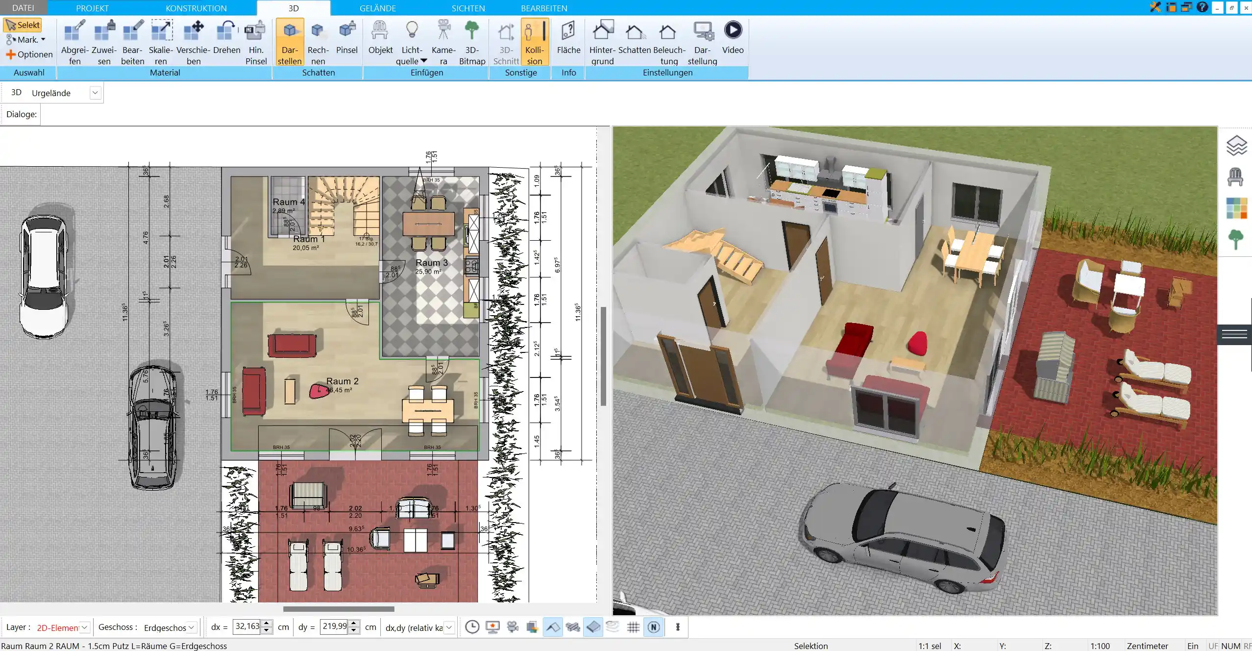 Grundriss-Entwurf im HausDesigner3D Der erste Entwurf eines schmalen Hauses, visualisiert mit der Software – perfekt für eine effiziente Raumnutzung