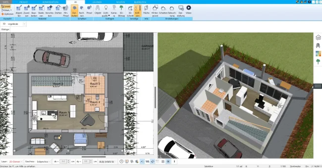 Individuell gestalteter Grundriss eines Winkelbungalows, erstellt mit dem HausDesigner3D