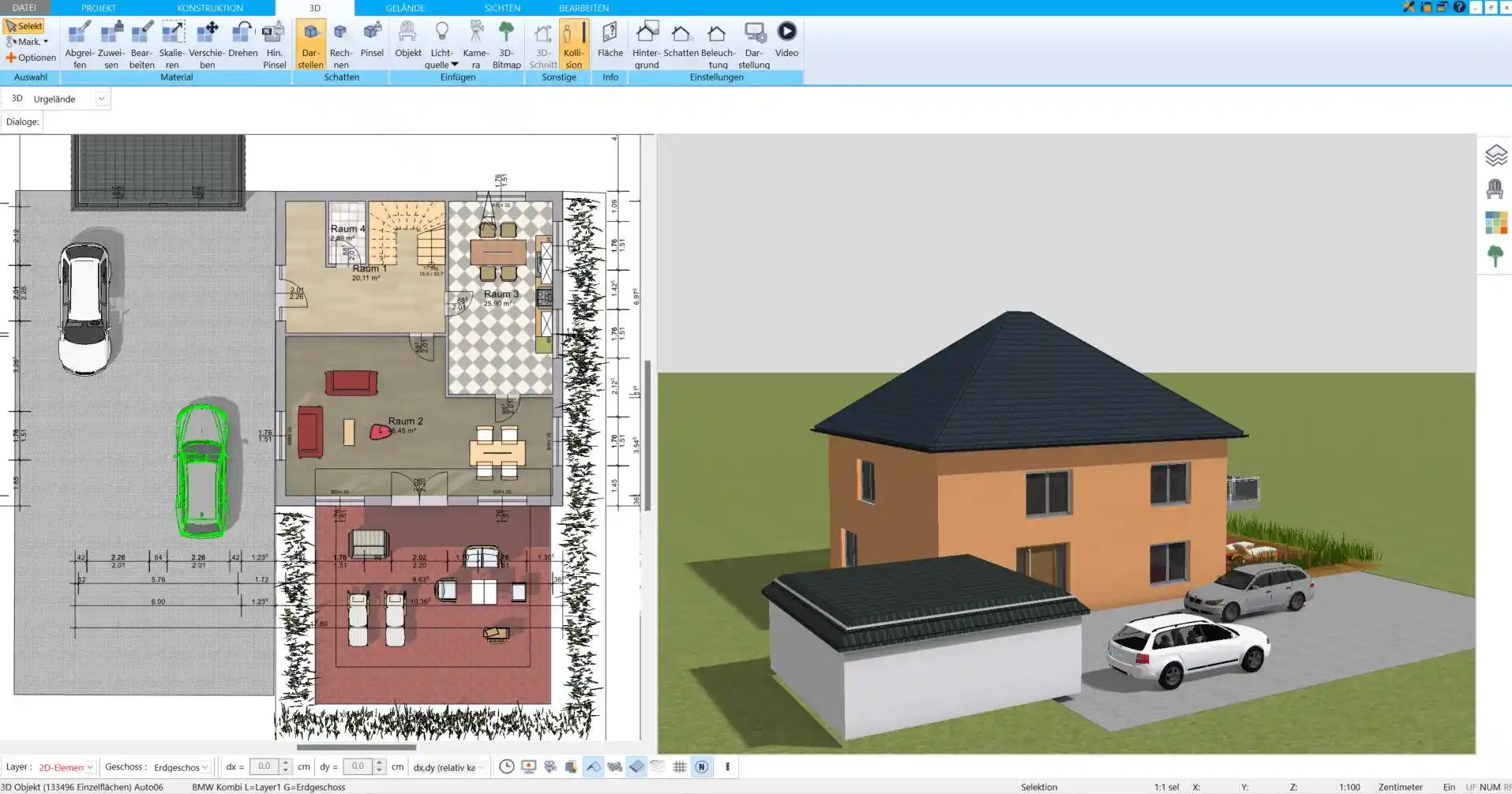 Mit HausDesigner3D können Sie das Grundstück anlegen und die Position des Doppelhauses optimal bestimmen, um Platz für Garten und Parkmöglichkeiten einzuplanen