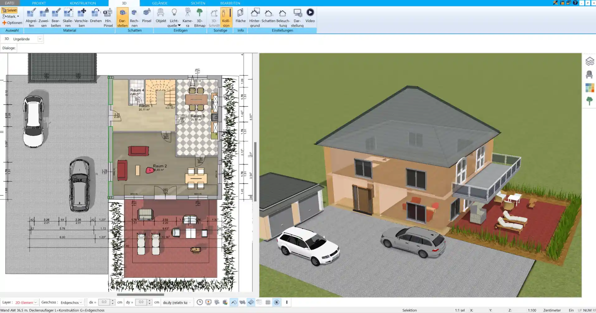 Nutzen Sie die 3D-Visualisierung, um das Layout Ihrer Schreinerei realistisch zu erleben und Arbeitswege zu überprüfen